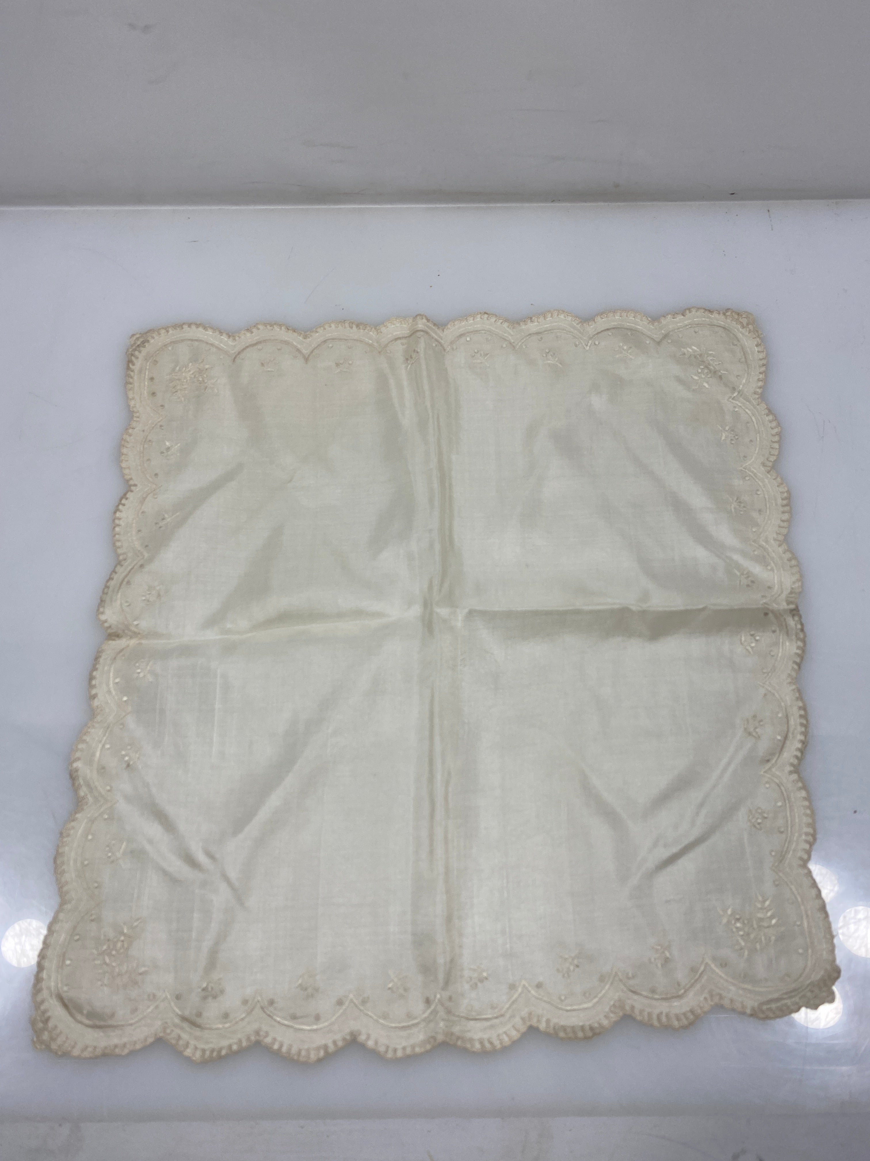 Vintage 1900s White Silk Handkerchief with Embroidered Designs