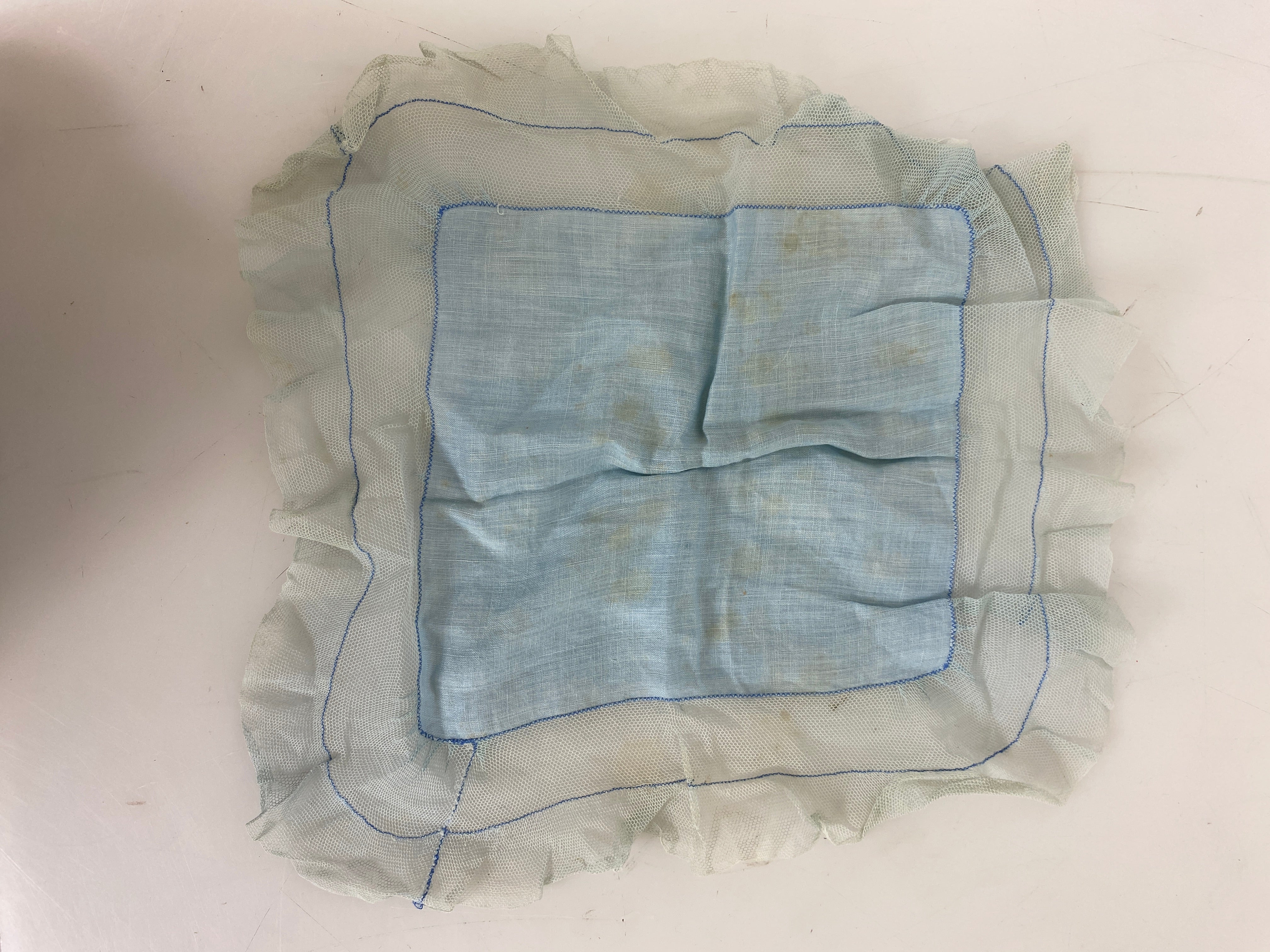 Vintage 1910s Blue Linen Handkerchief with Lace Border