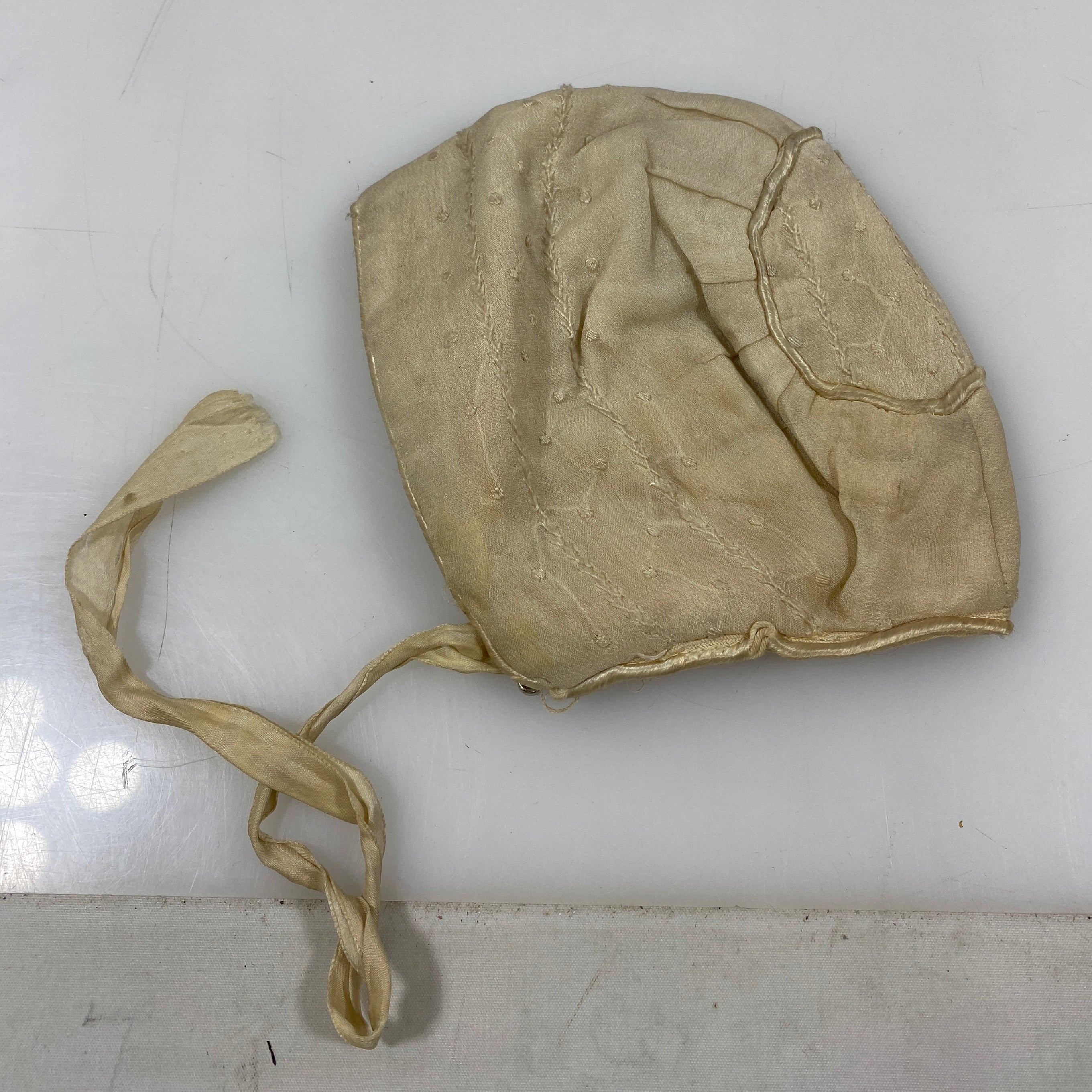 Vintage 1910s Tan Embroidered Baby Bonnet