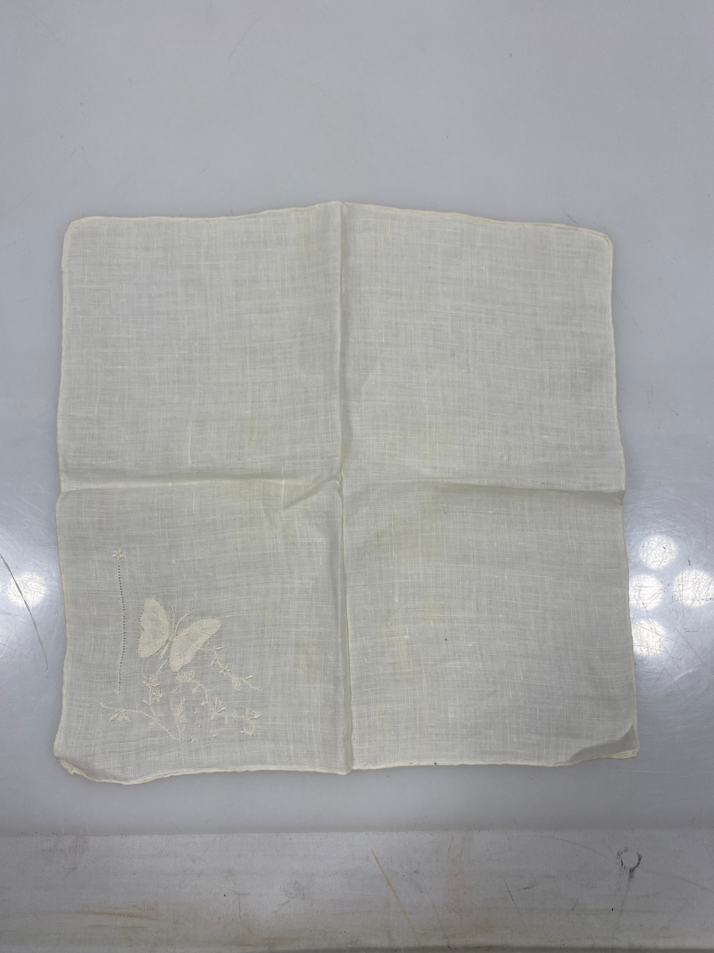 Vintage 1910s White Linen Handkerchief with Embroidered Butterfly Design