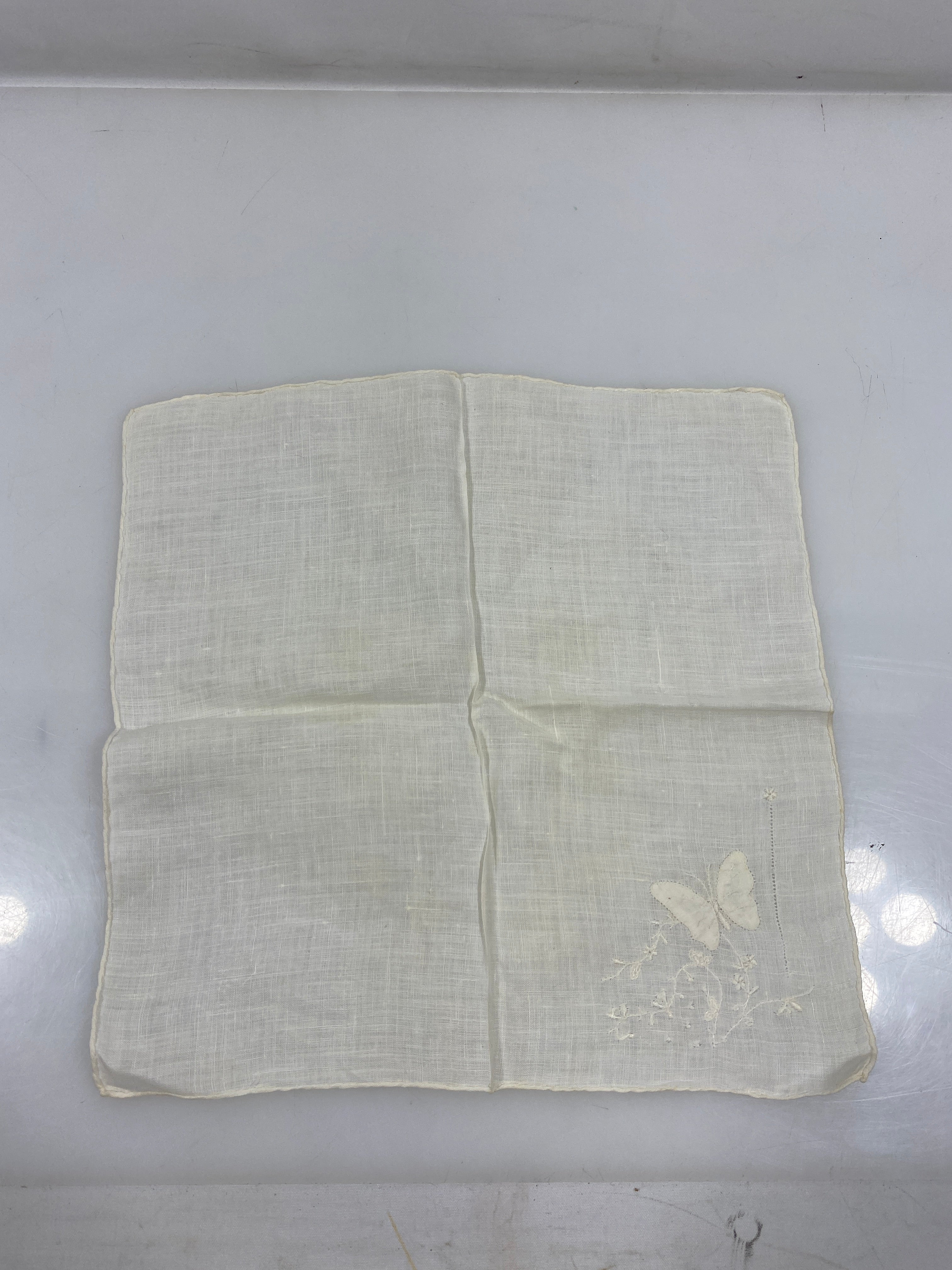 Vintage 1910s White Linen Handkerchief with Embroidered Butterfly Design