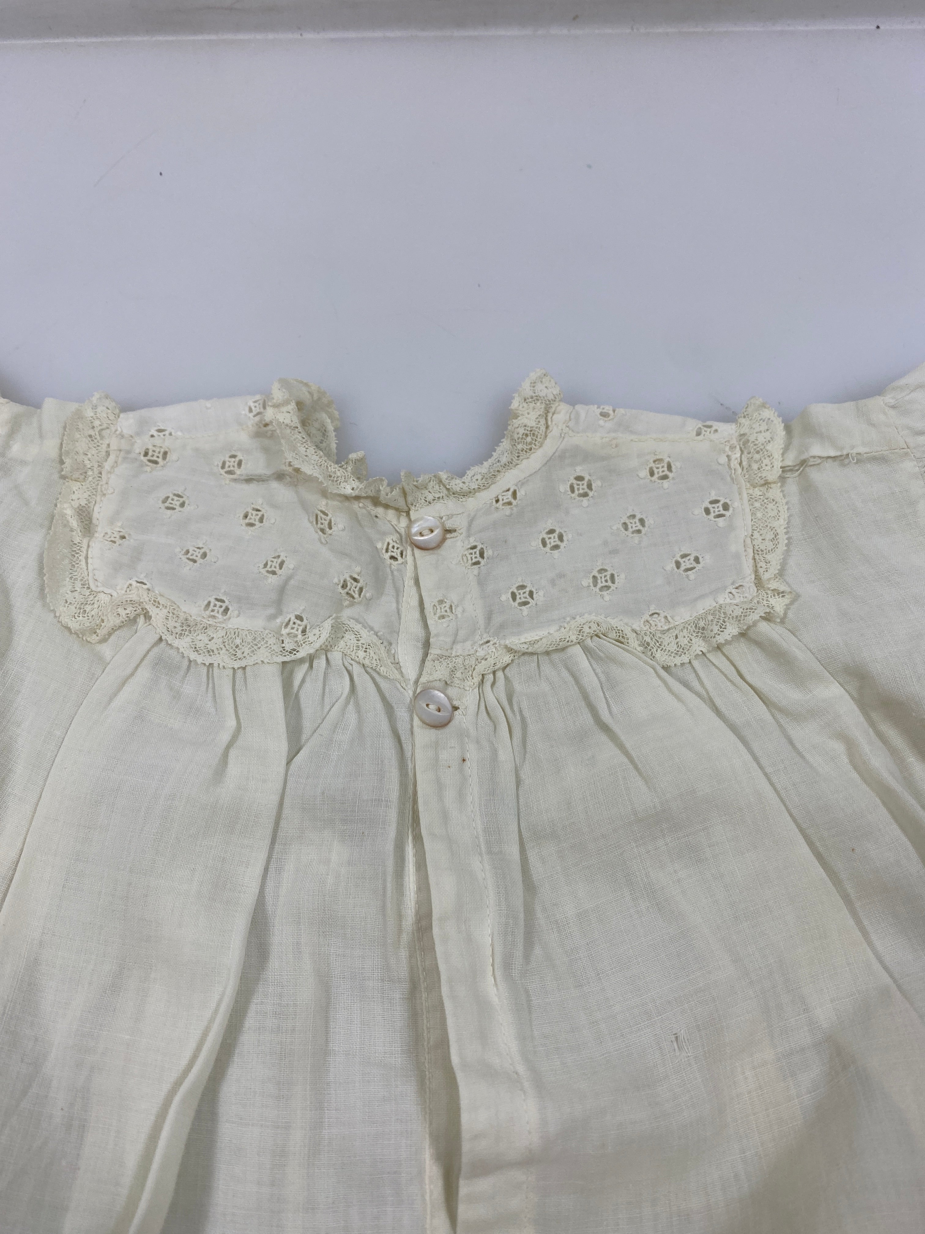 Vintage 1910s White Linen Infant's Dress with Eyelet Lace Collar