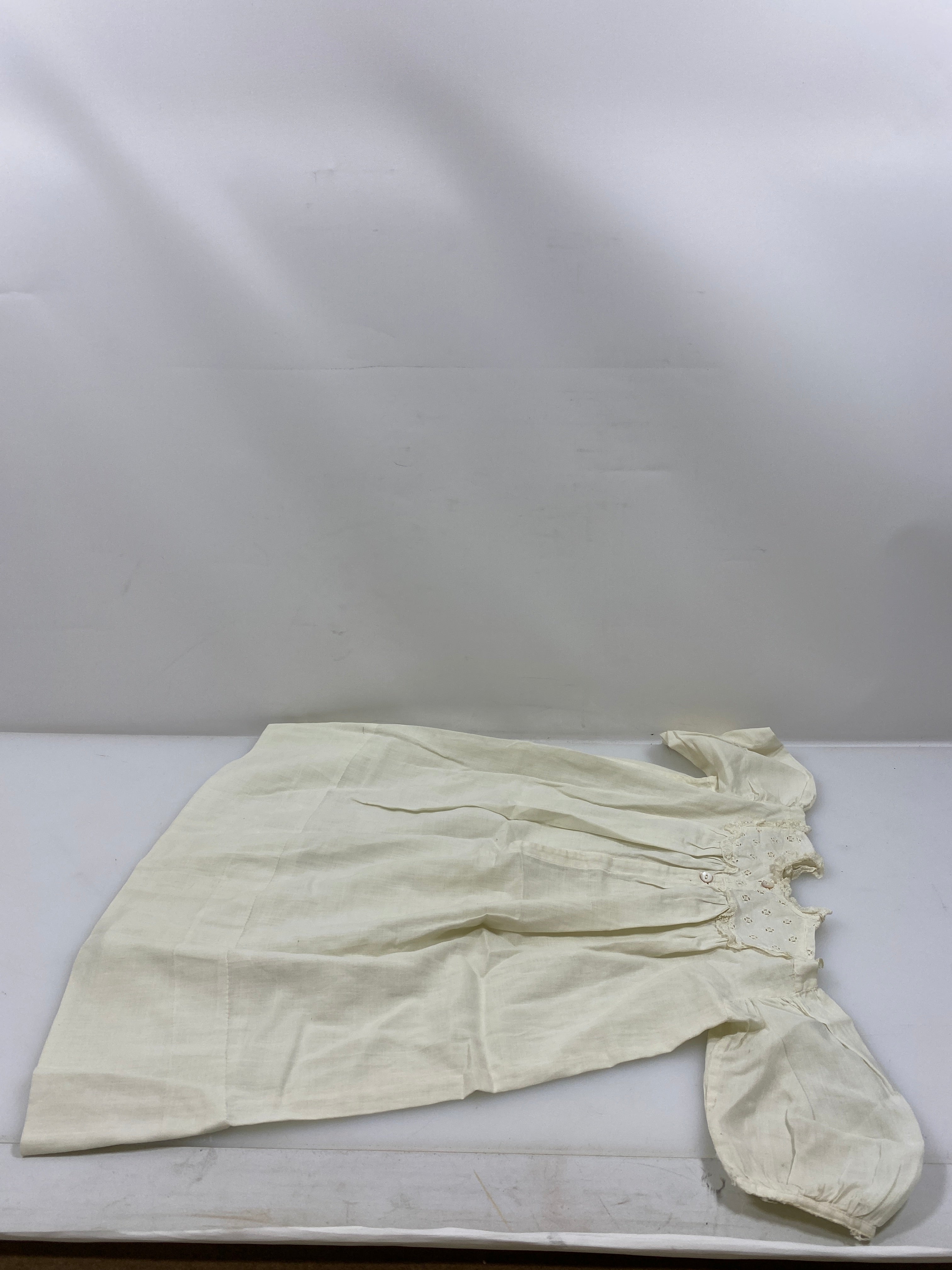 Vintage 1910s White Linen Infant's Dress with Eyelet Lace Collar