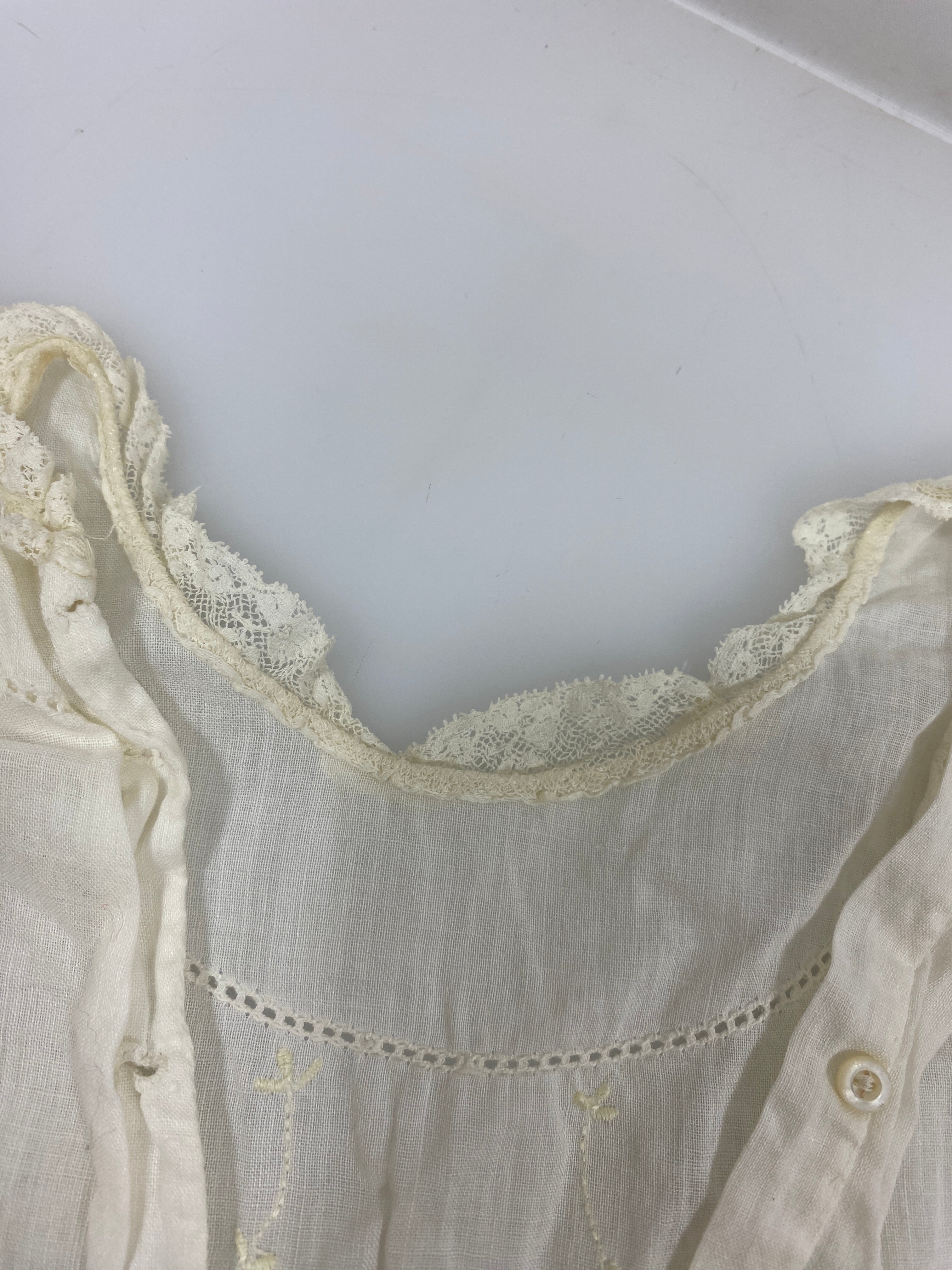 Vintage 1910s White Linen Infant's Dress with Pink and Blue Floral Embroidery