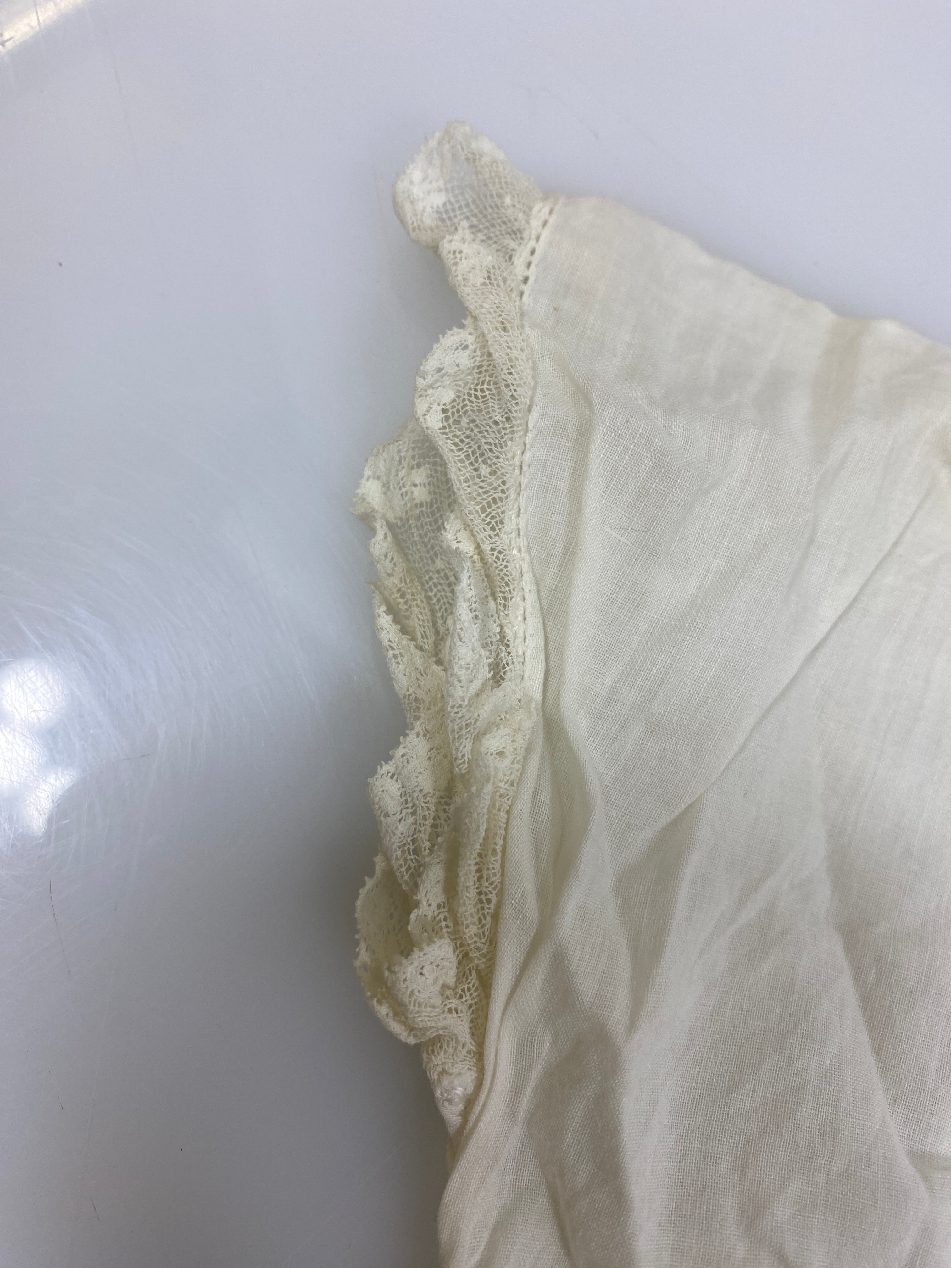 Vintage 1910s White Linen Infant's Dress with Pink and Blue Floral Embroidery