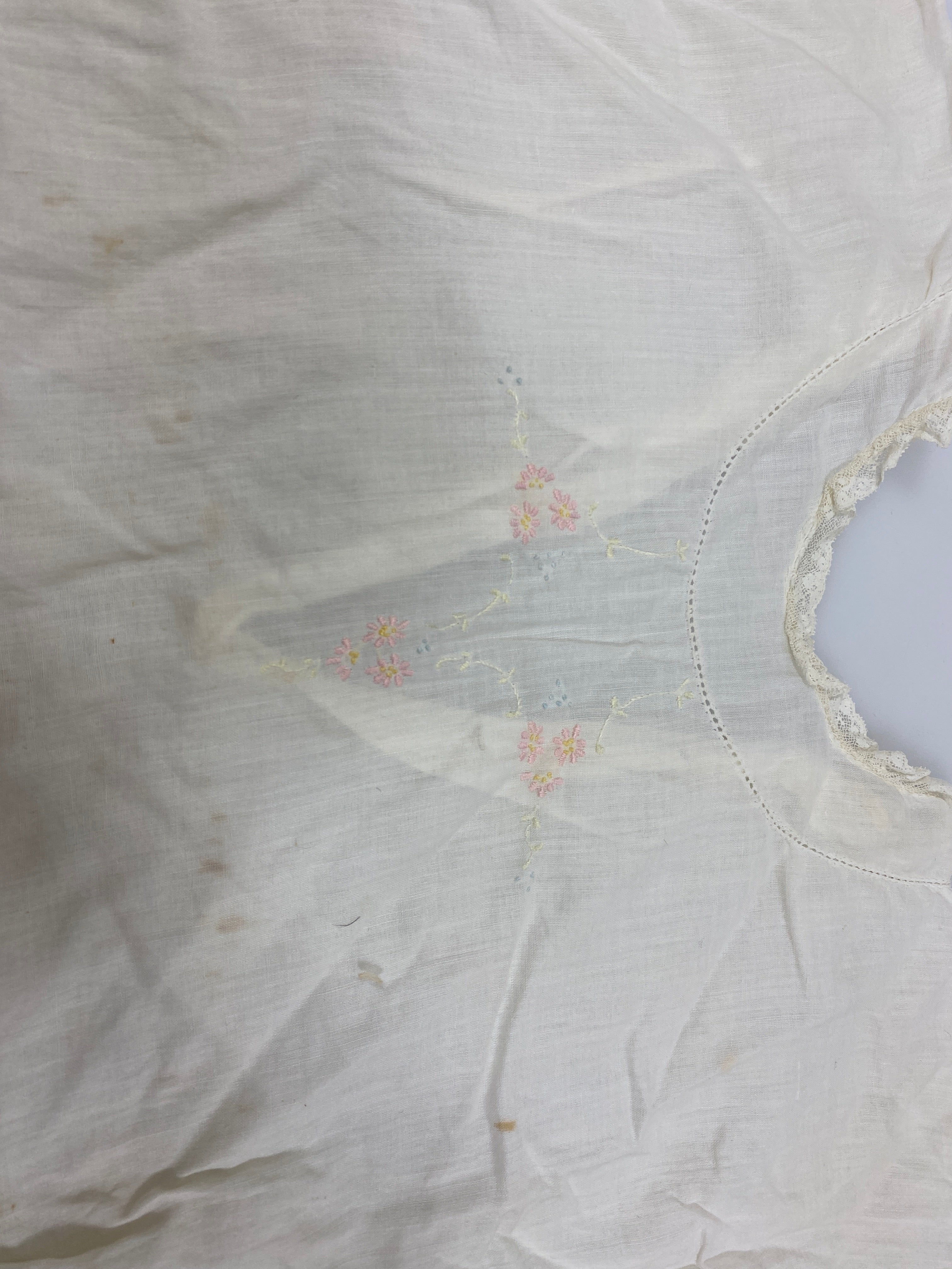 Vintage 1910s White Linen Infant's Dress with Pink and Blue Floral Embroidery