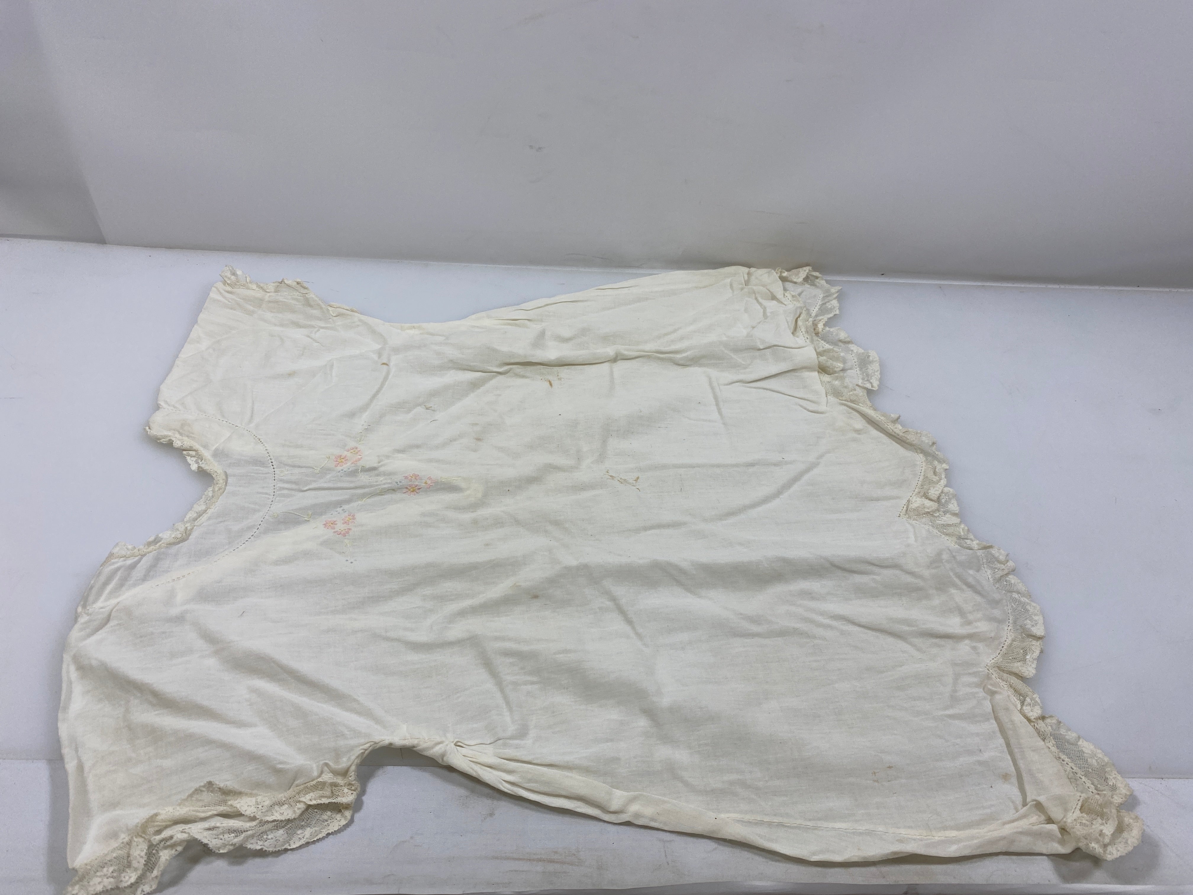 Vintage 1910s White Linen Infant's Dress with Pink and Blue Floral Embroidery