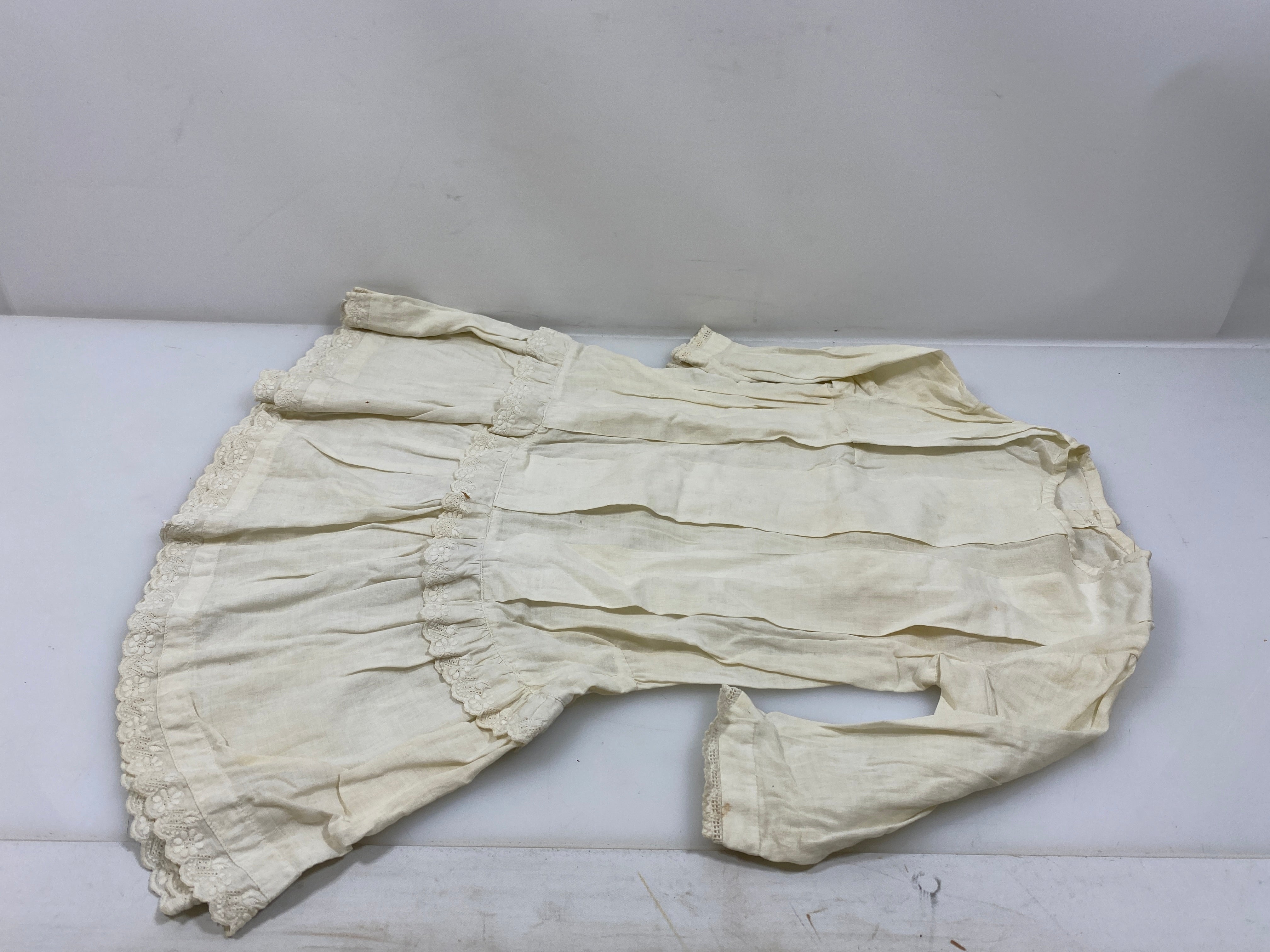 Vintage 1910s White Linen Long-Sleeve Infant's Dress with Floral Details