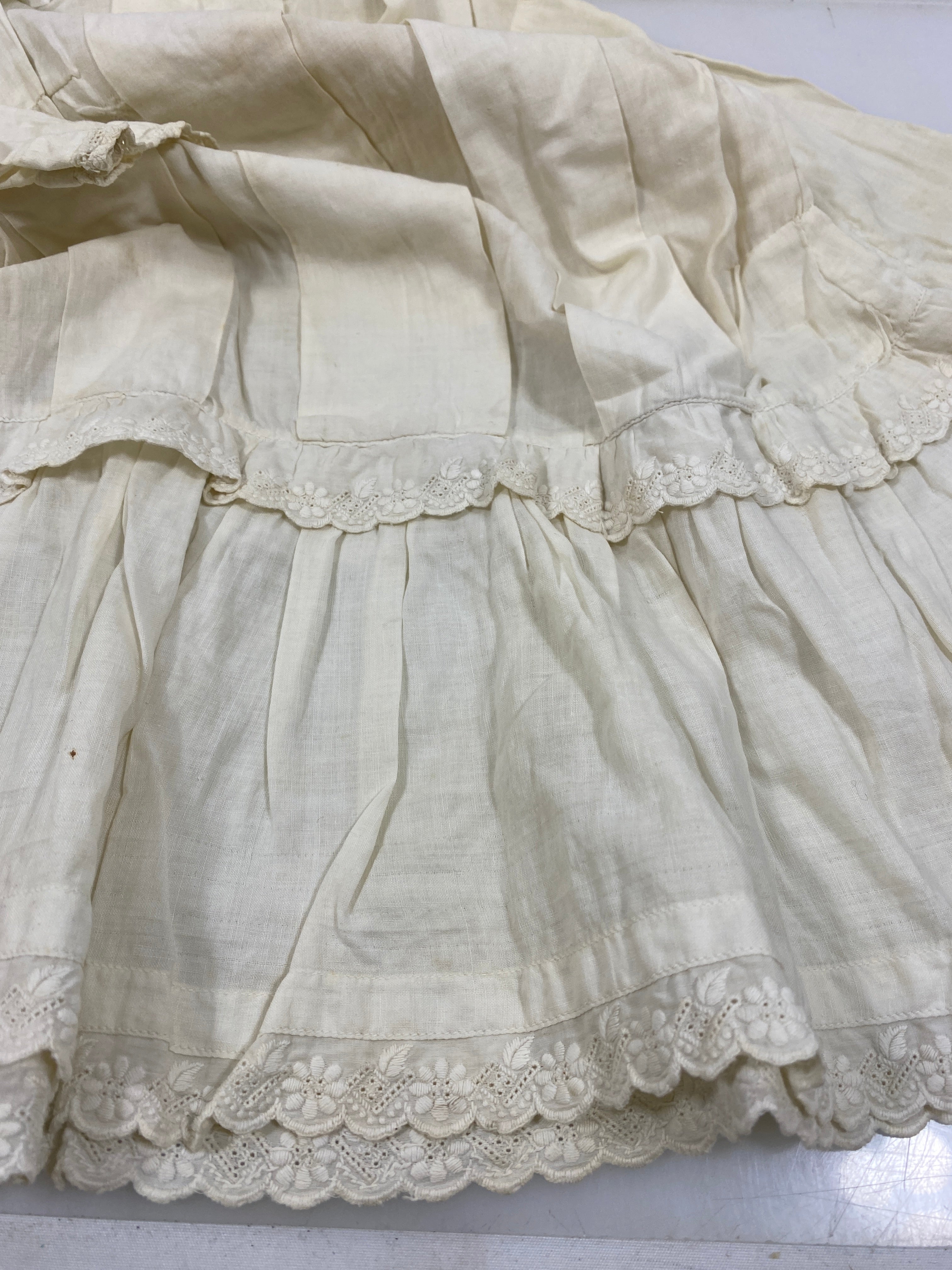 Vintage 1910s White Linen Long-Sleeve Infant's Dress with Floral Details