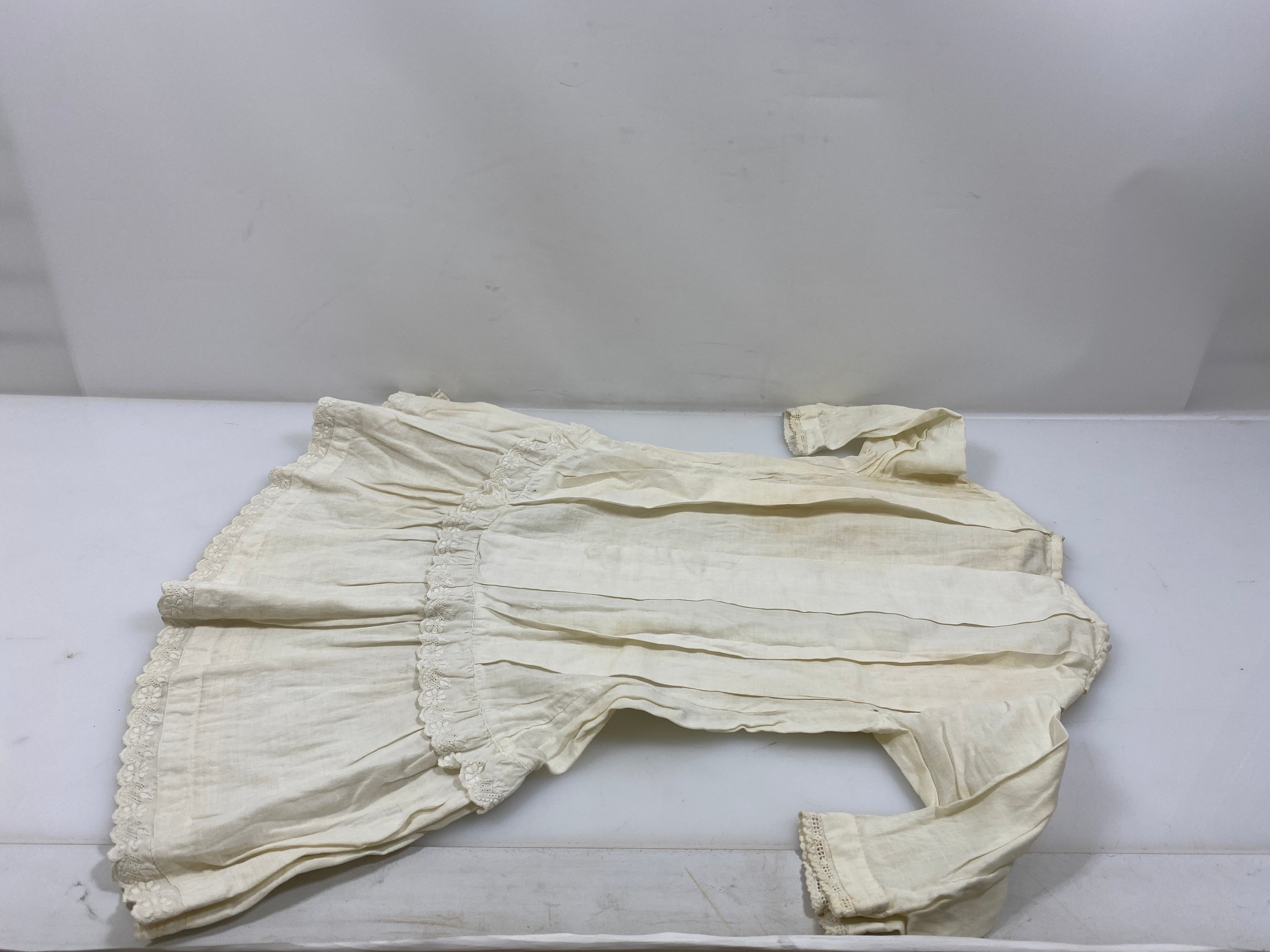 Vintage 1910s White Linen Long-Sleeve Infant's Dress with Floral Details
