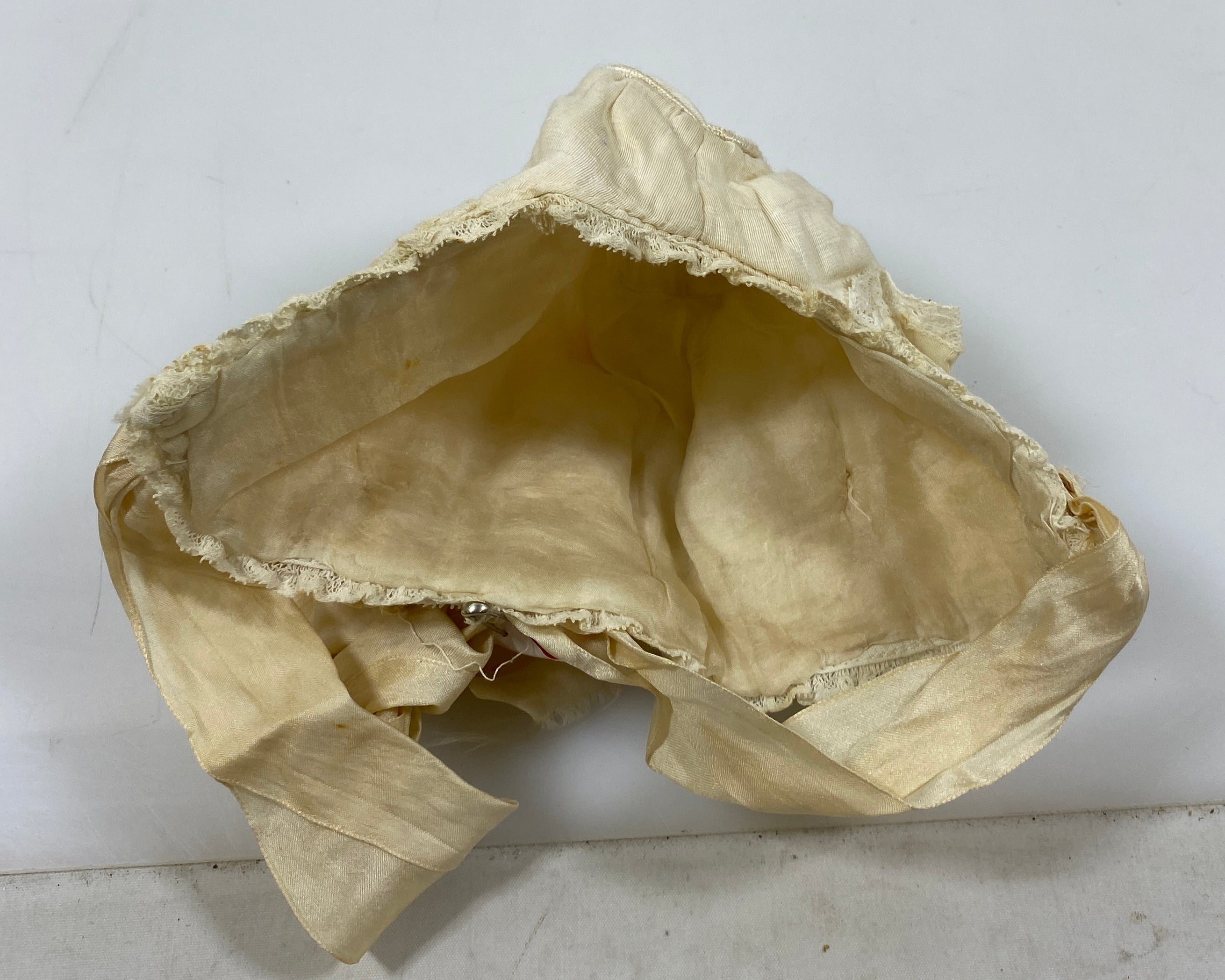 Vintage 1913 White Bonnet with Frilly Lace Details and Floral Appliques
