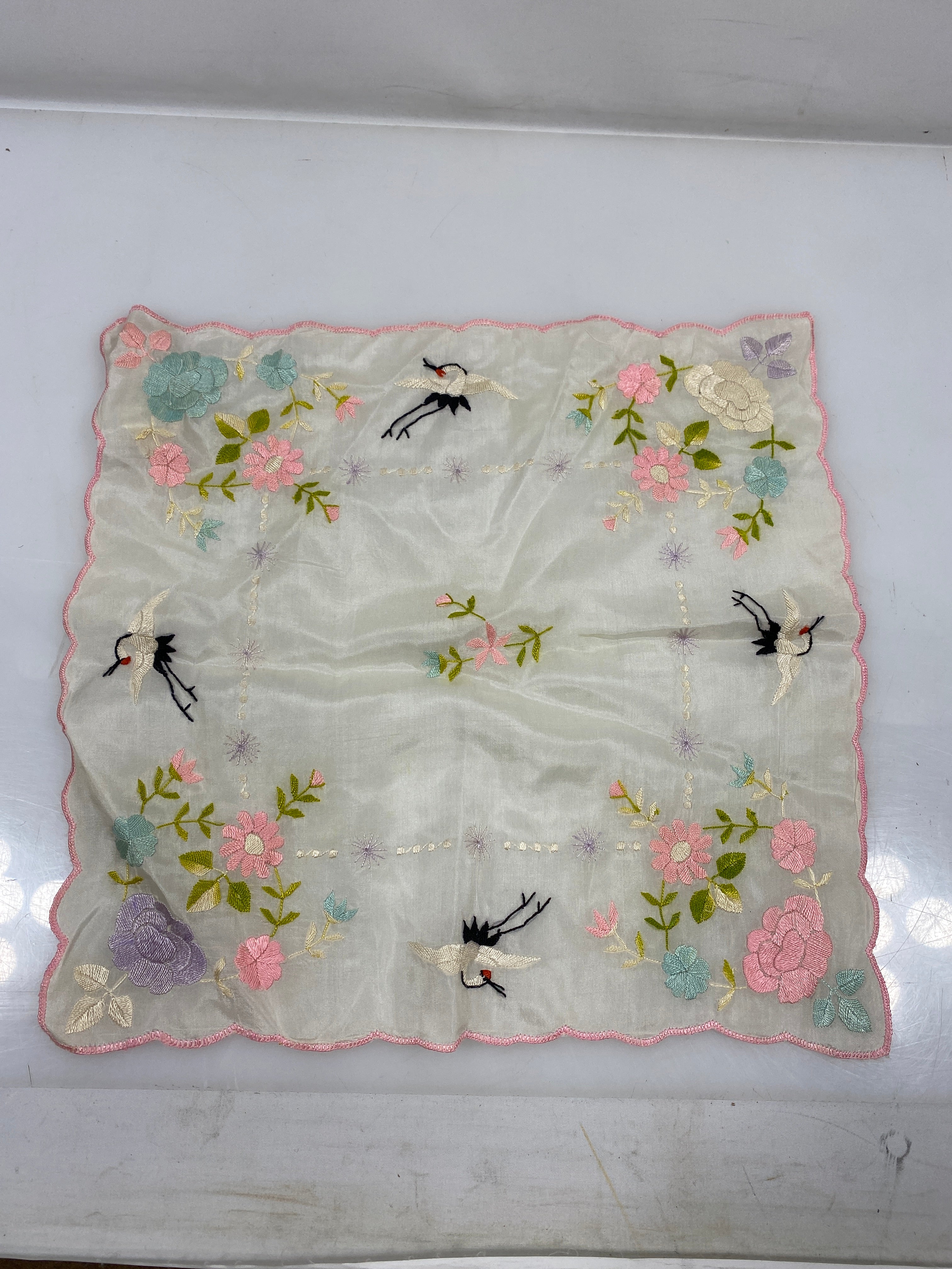 Vintage 1916 Linen Handkerchief with Colorful Embroidery of Flowers and Cranes