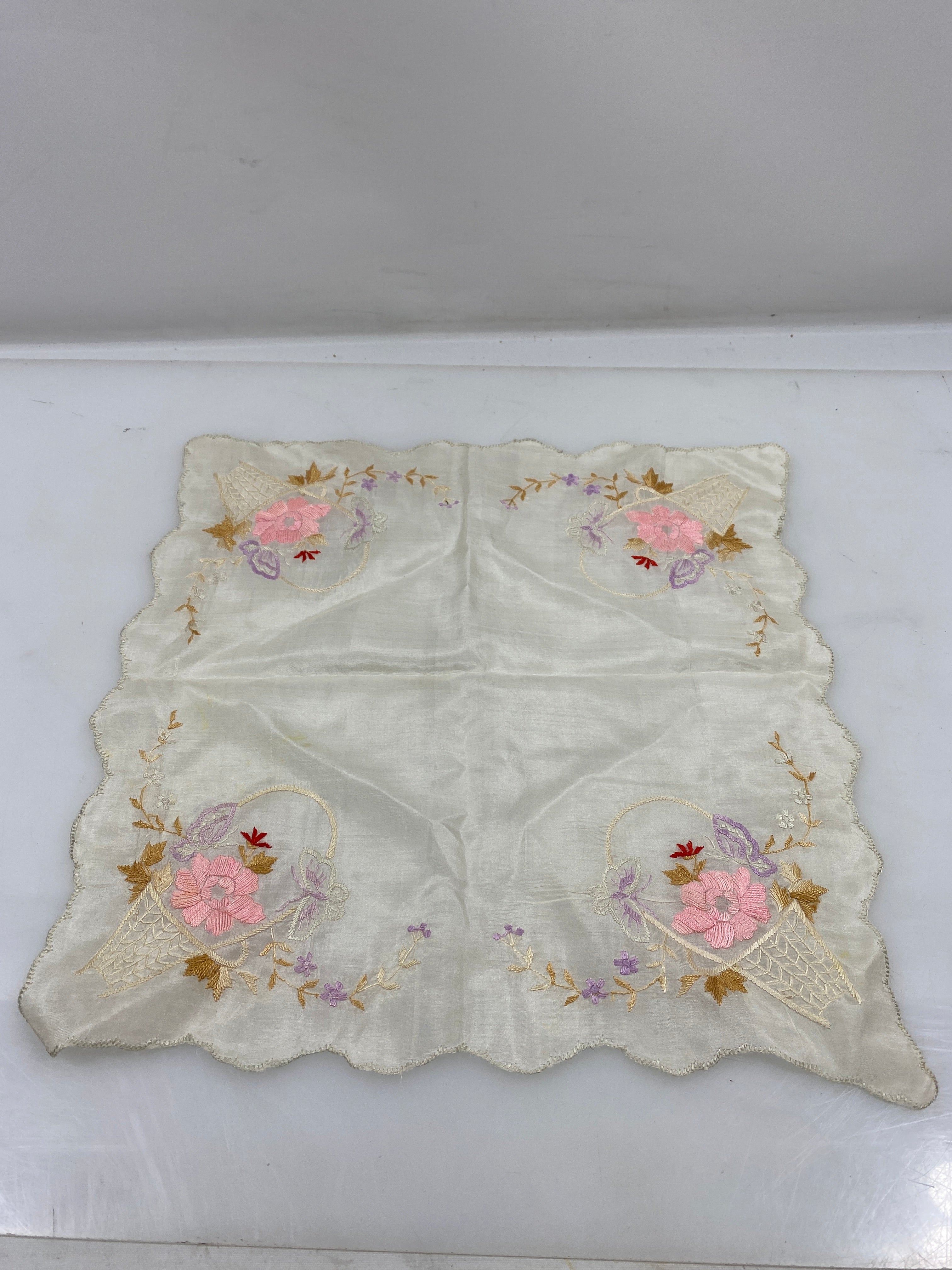 Vintage 1916 Linen Handkerchief with Floral Embroidery