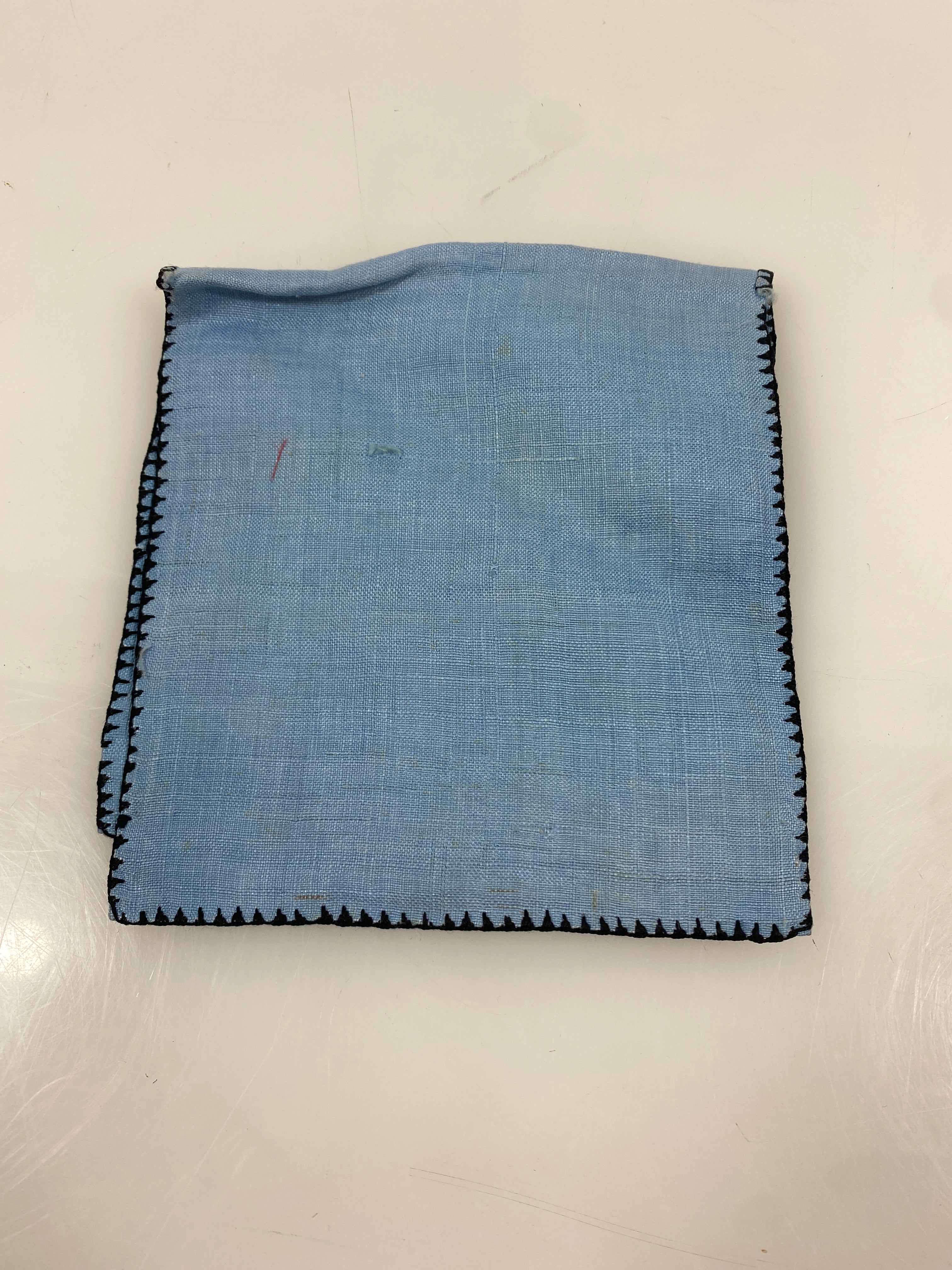 Vintage 1920s Blue Handkerchief Holder with Black Cross-Stitched Chinese Temple