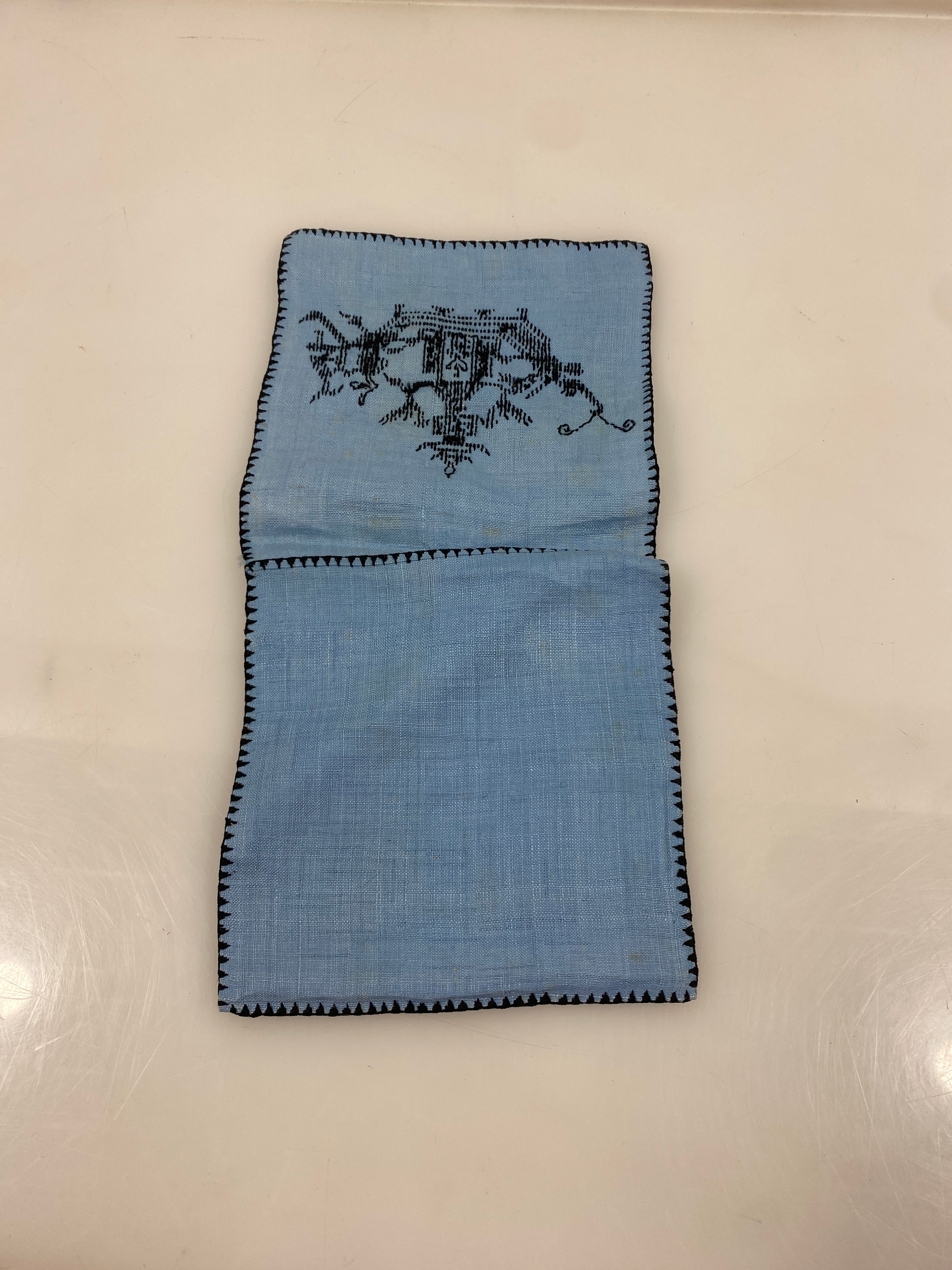 Vintage 1920s Blue Handkerchief Holder with Black Cross-Stitched Chinese Temple
