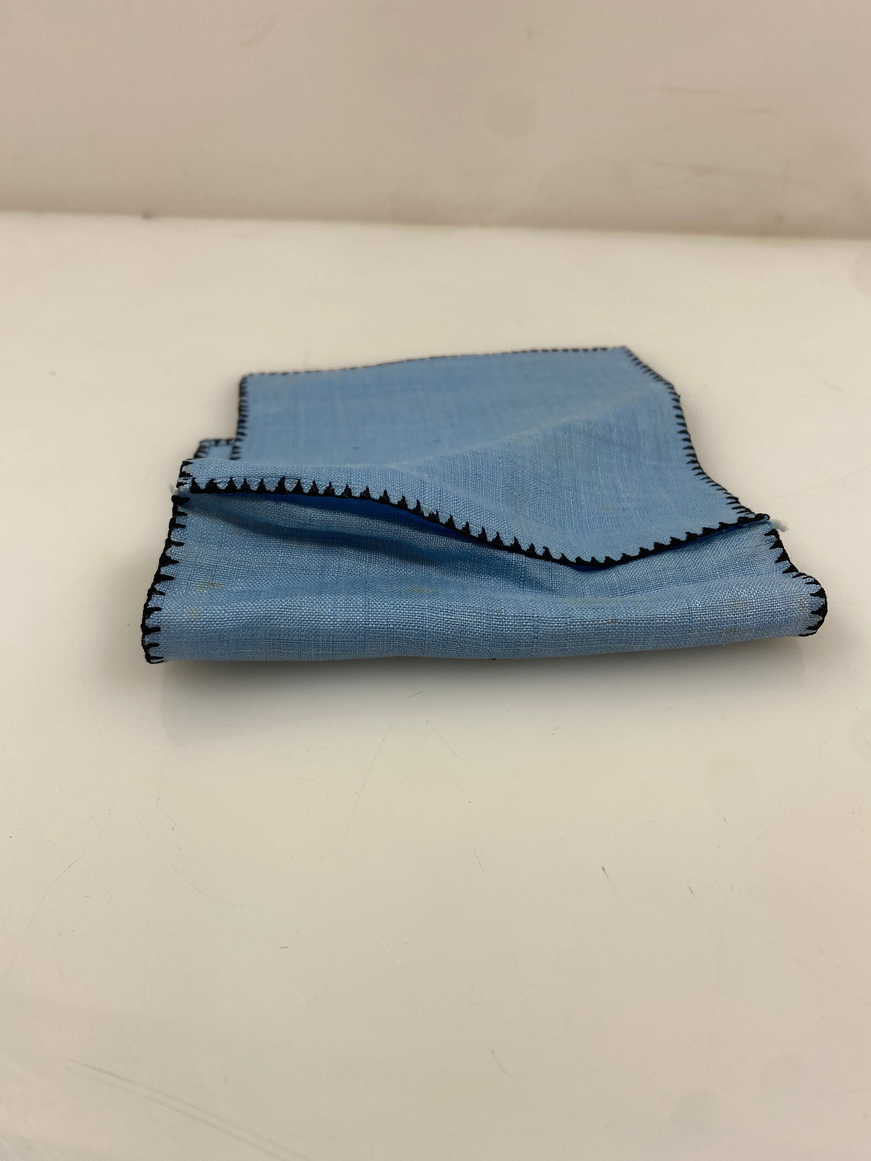 Vintage 1920s Blue Handkerchief Holder with Black Cross-Stitched Chinese Temple