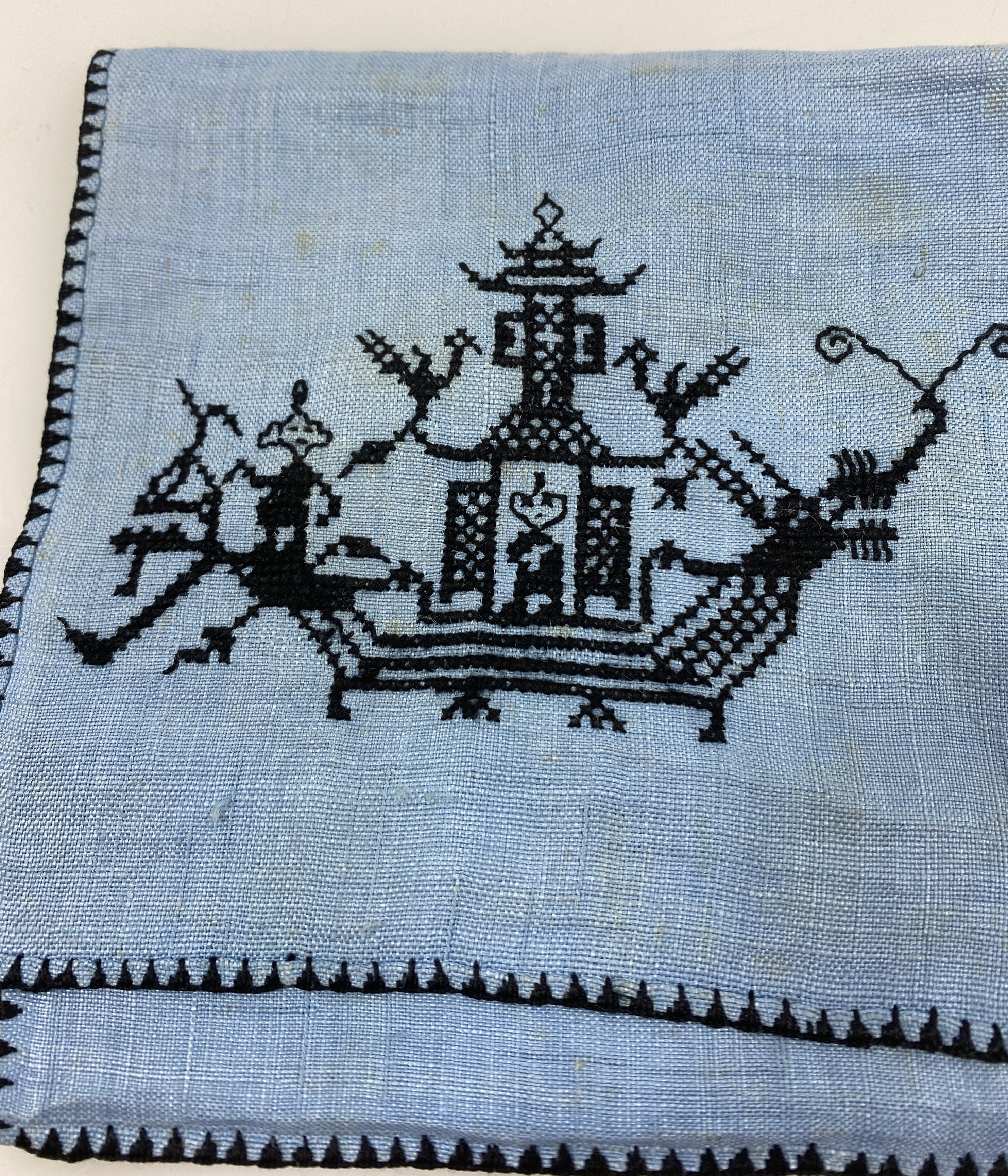 Vintage 1920s Blue Handkerchief Holder with Black Cross-Stitched Chinese Temple