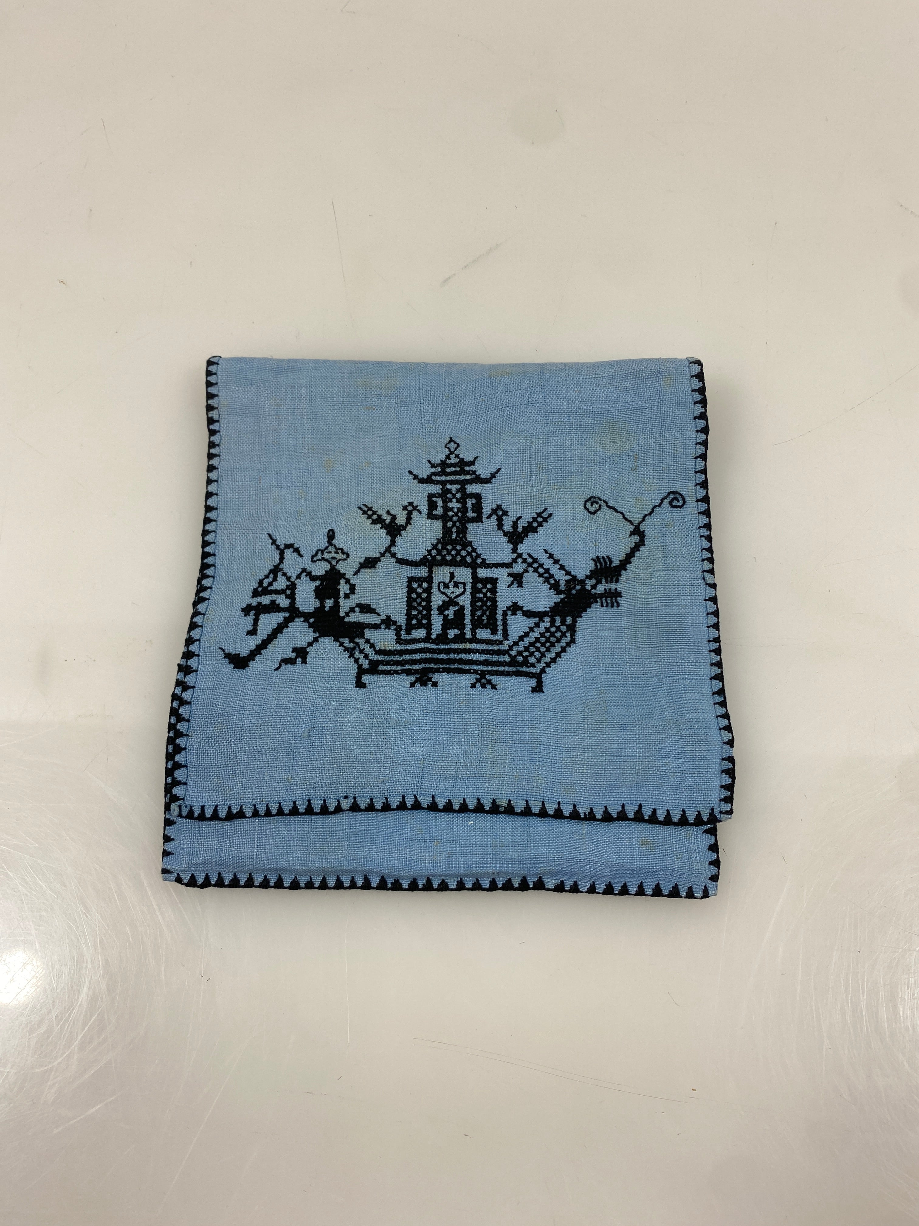 Vintage 1920s Blue Handkerchief Holder with Black Cross-Stitched Chinese Temple