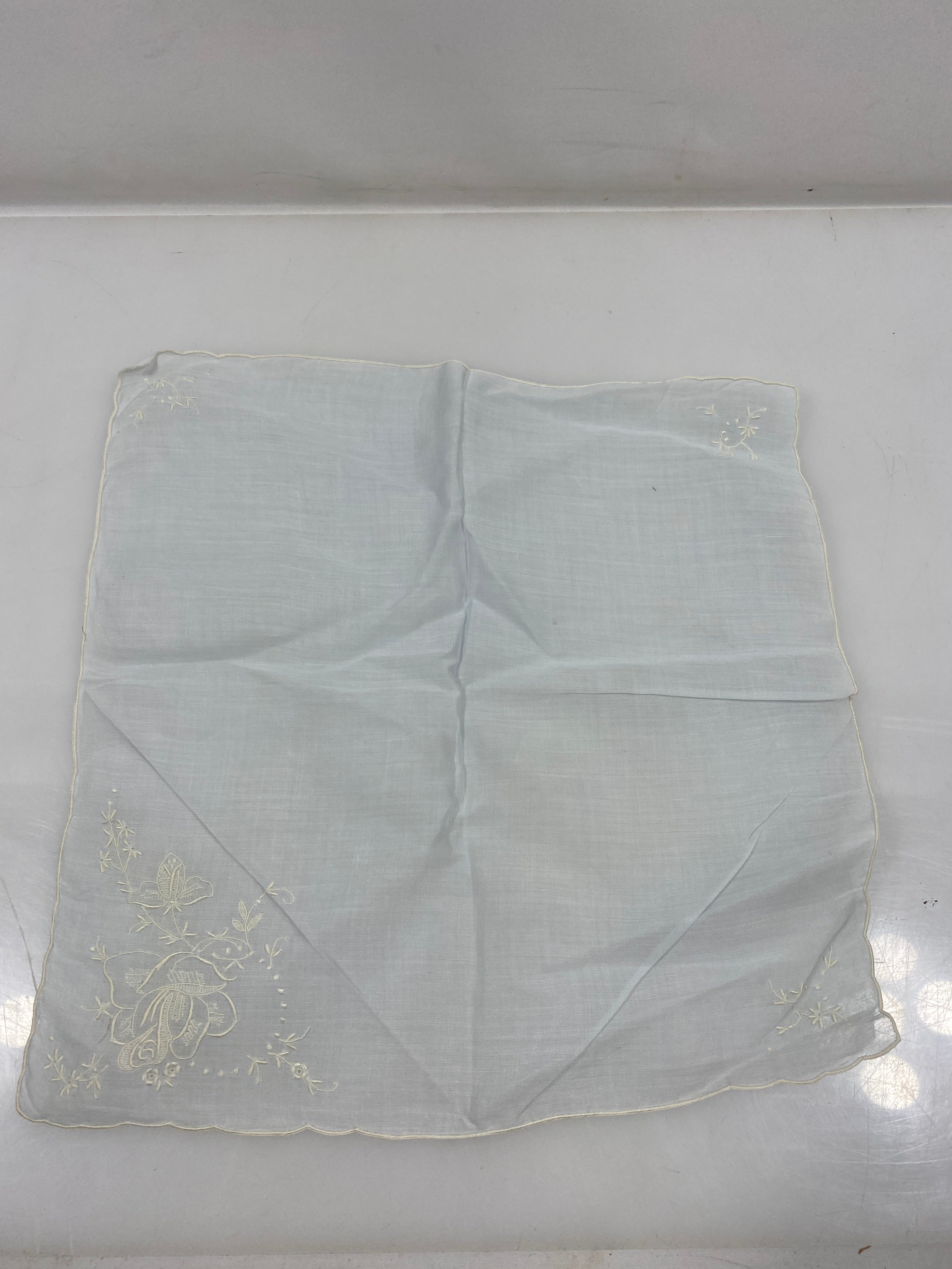 Vintage 1920s Sheer Blue Handkerchief with White Embroidered Flowers