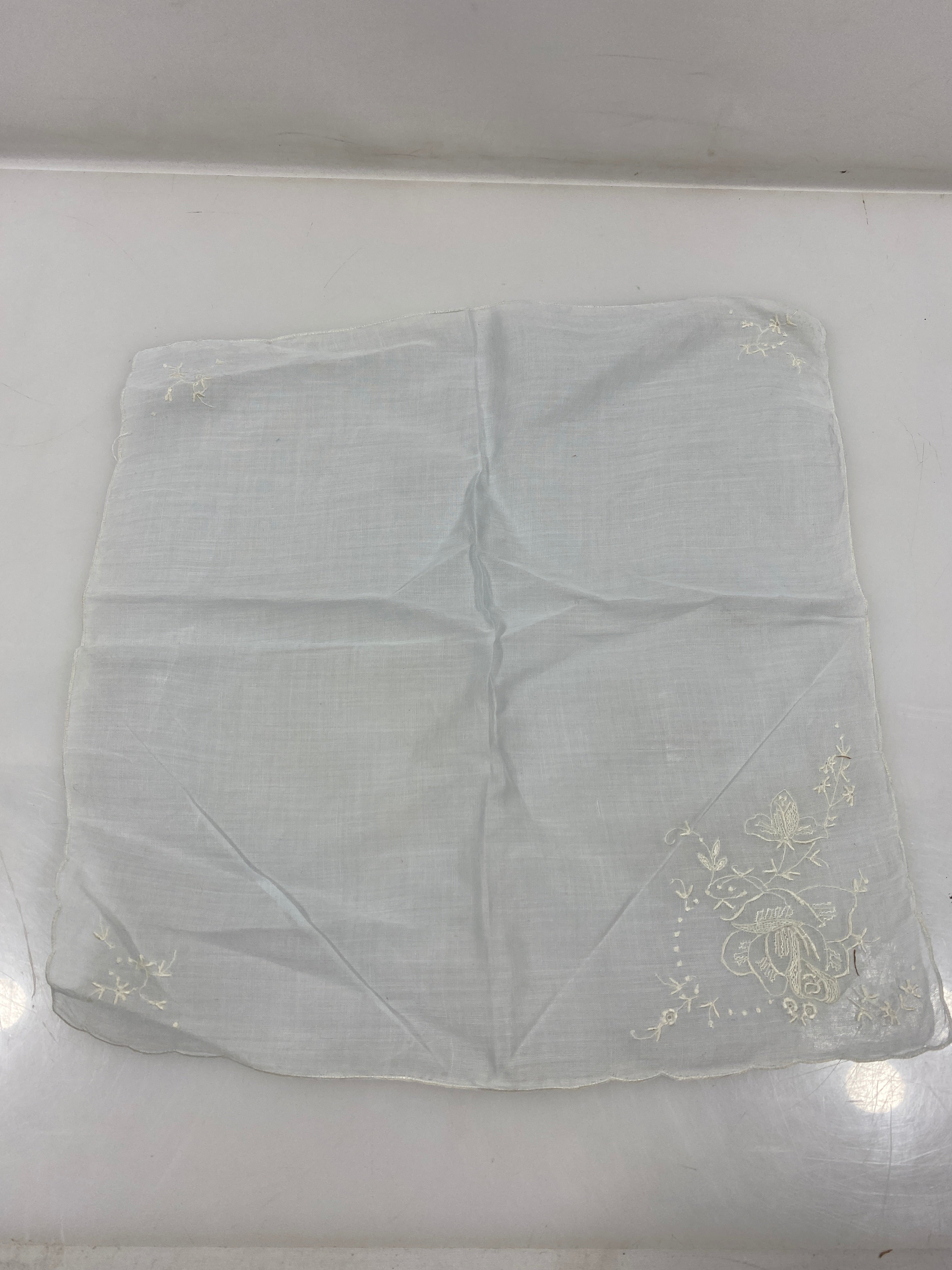 Vintage 1920s Sheer Blue Handkerchief with White Embroidered Flowers