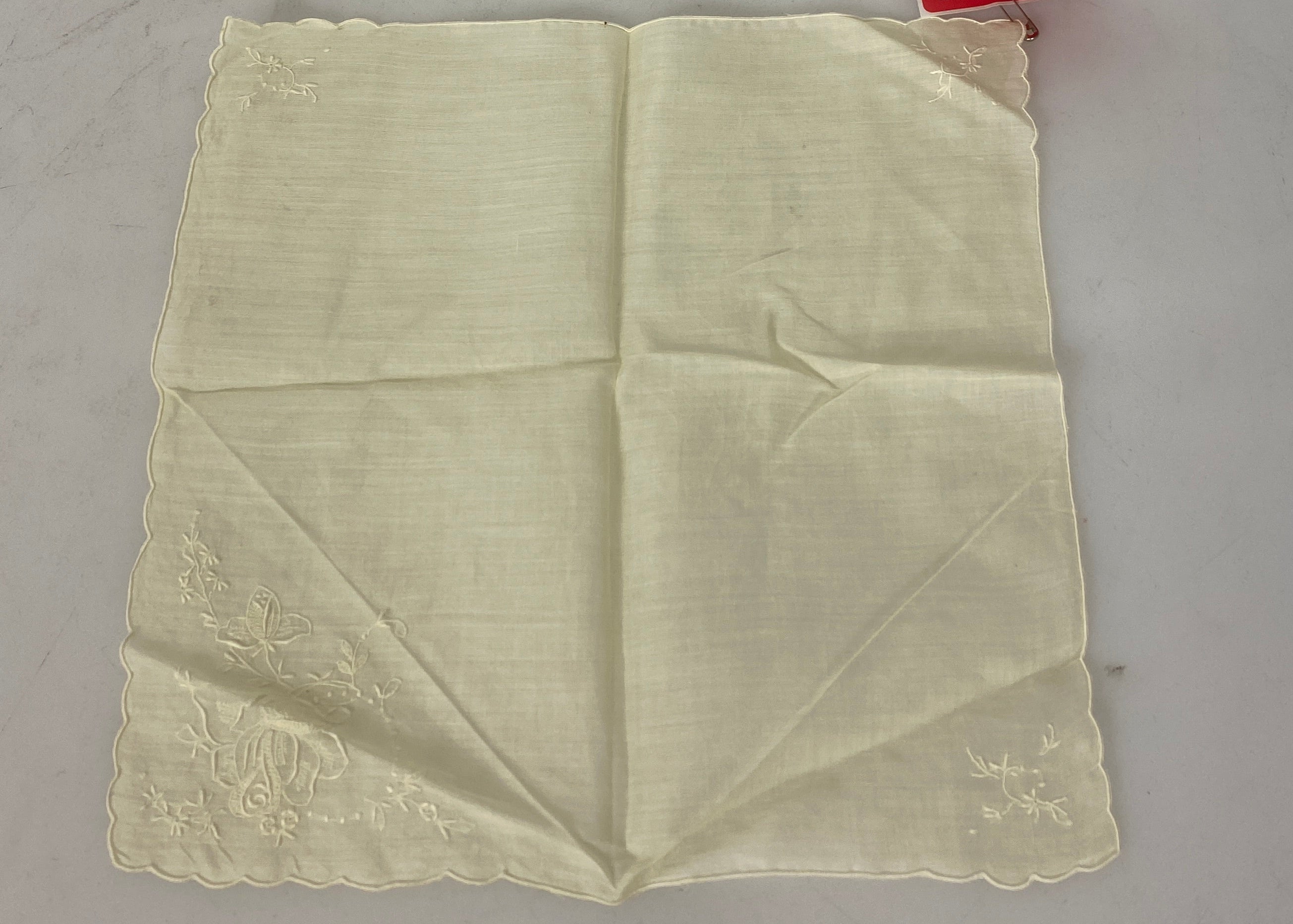 Vintage 1920s Sheer White Linen Handkerchief with Embroidered Flowers