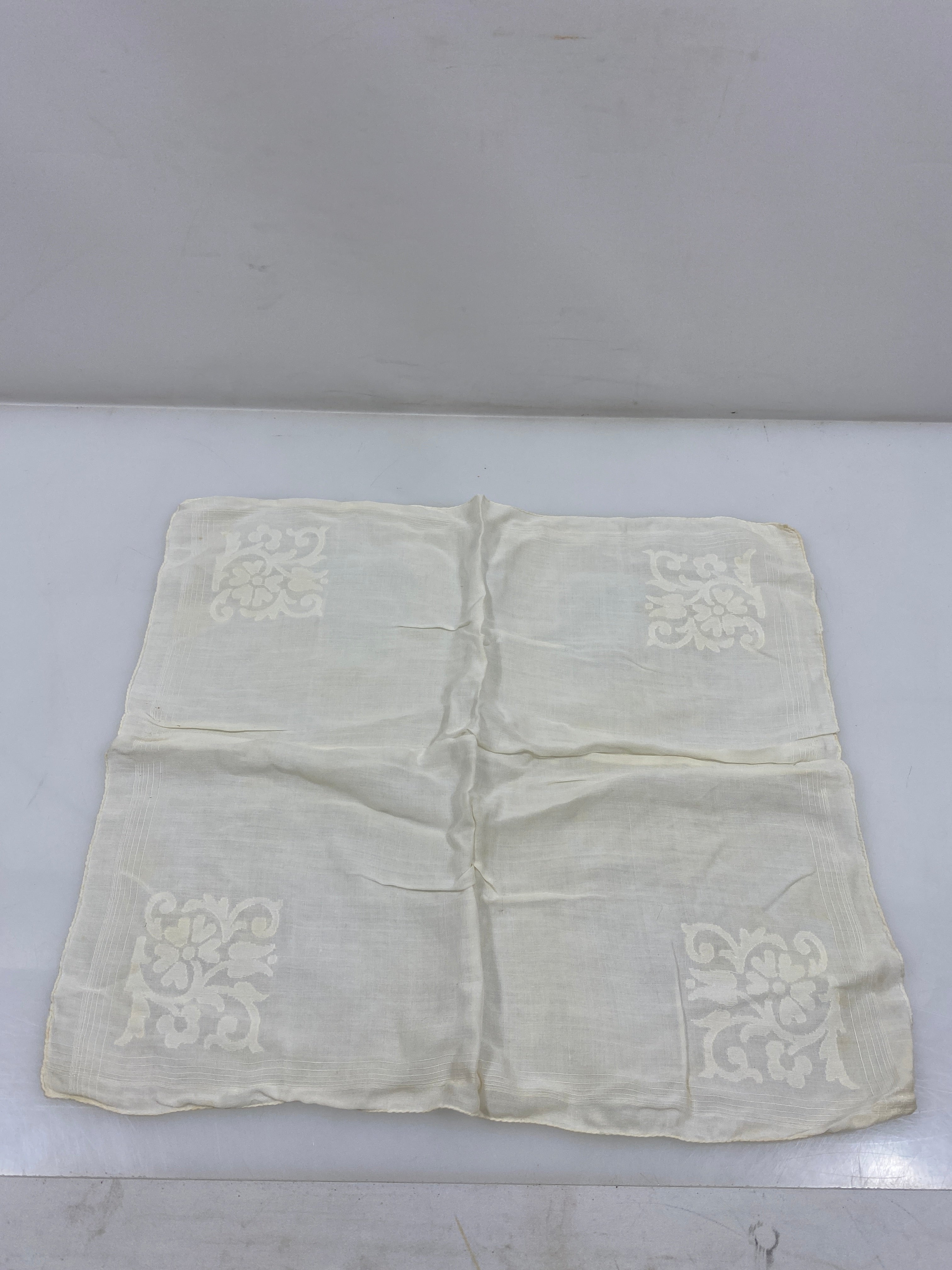 Vintage 1920s White Linen Handkerchief with Floral Embroidery