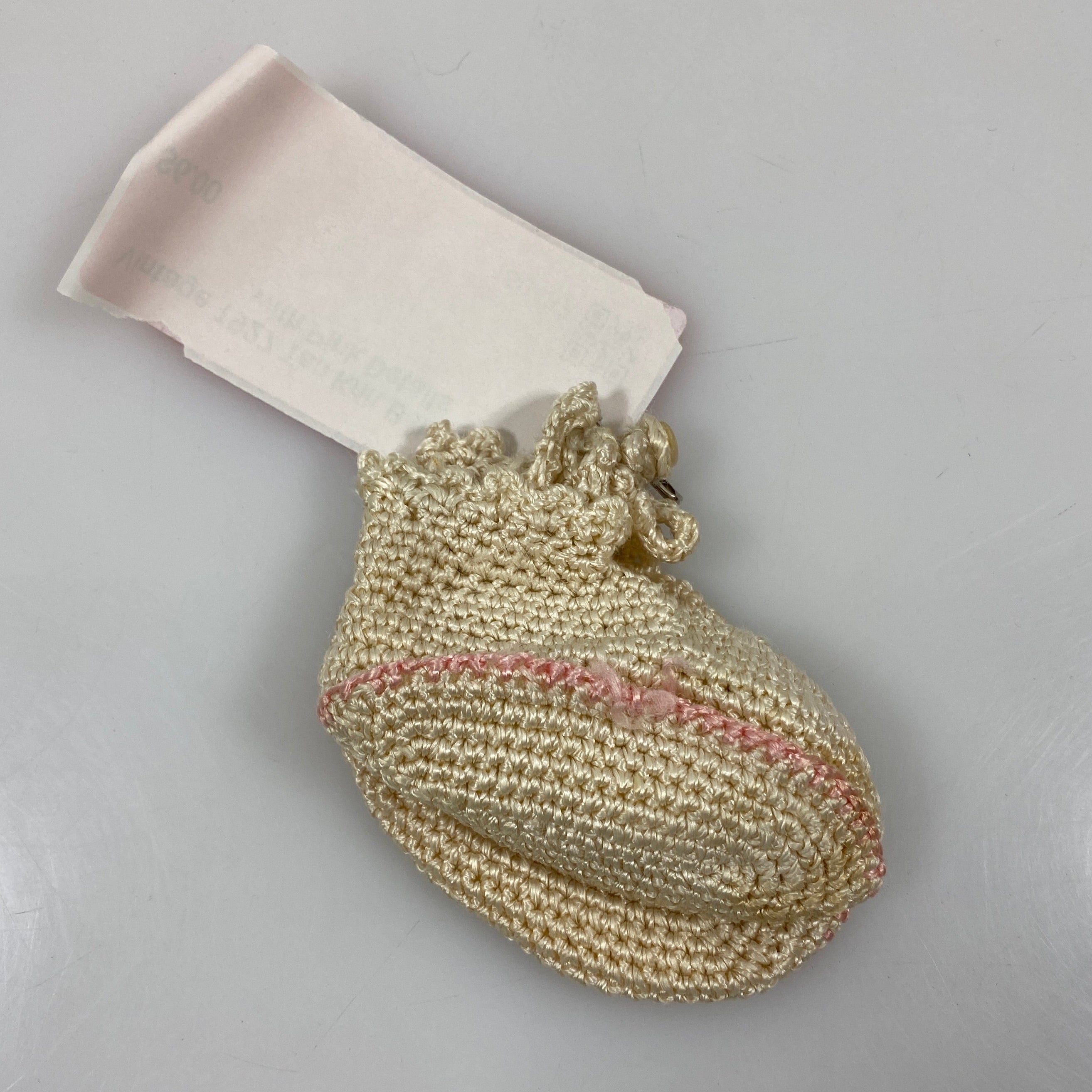 Vintage 1927 Tan Knit Baby Bootees with Pink Details