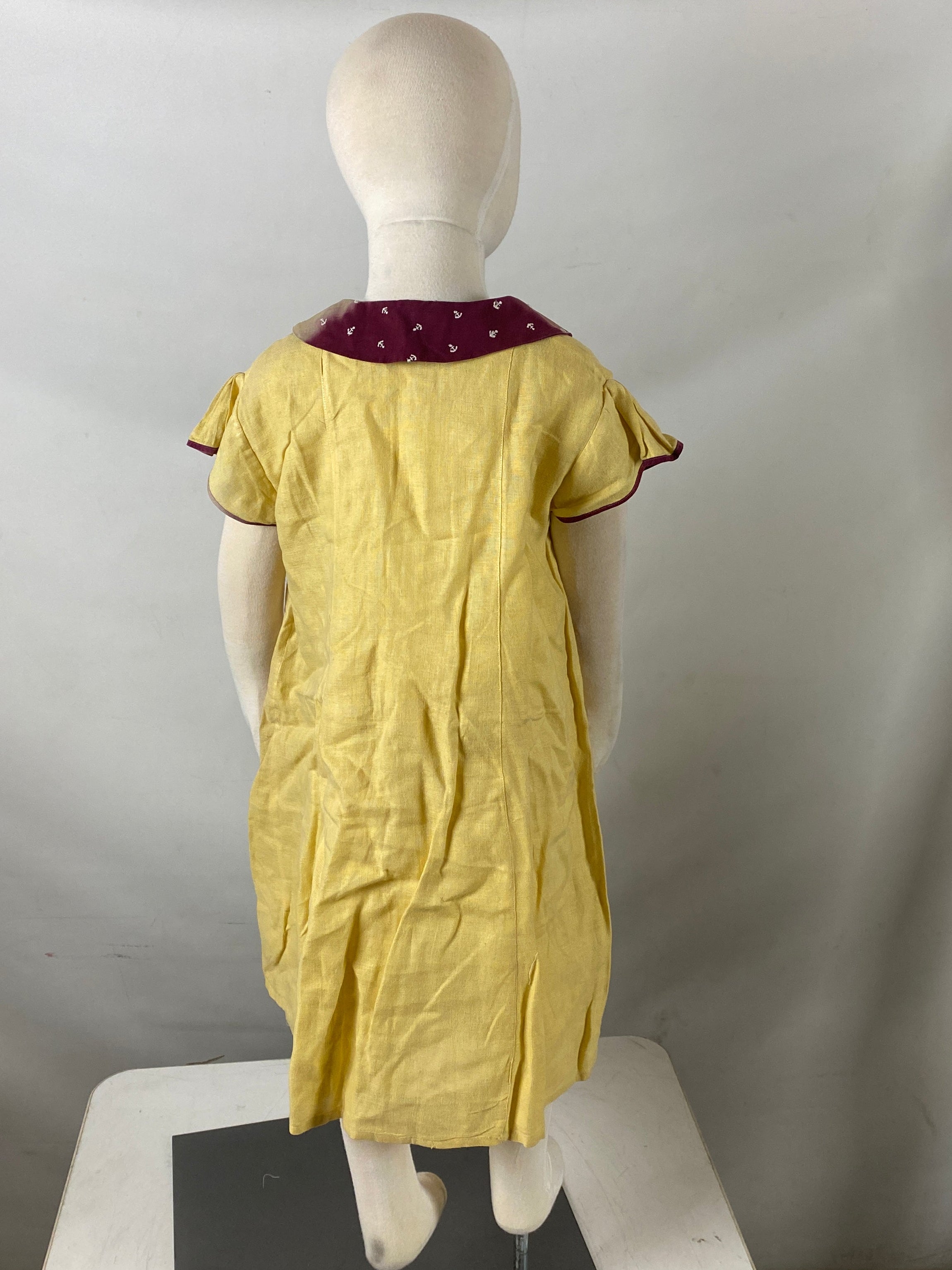 Vintage 1930s Children's Yellow Dress with Burgundy Collar with Anchors