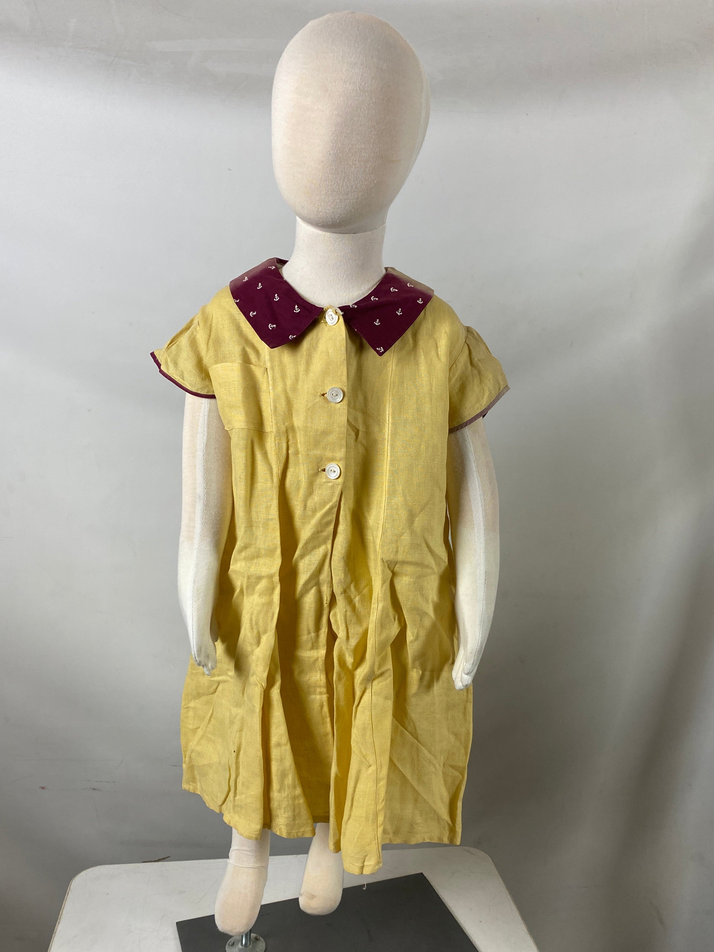 Vintage 1930s Children's Yellow Dress with Burgundy Collar with Anchors