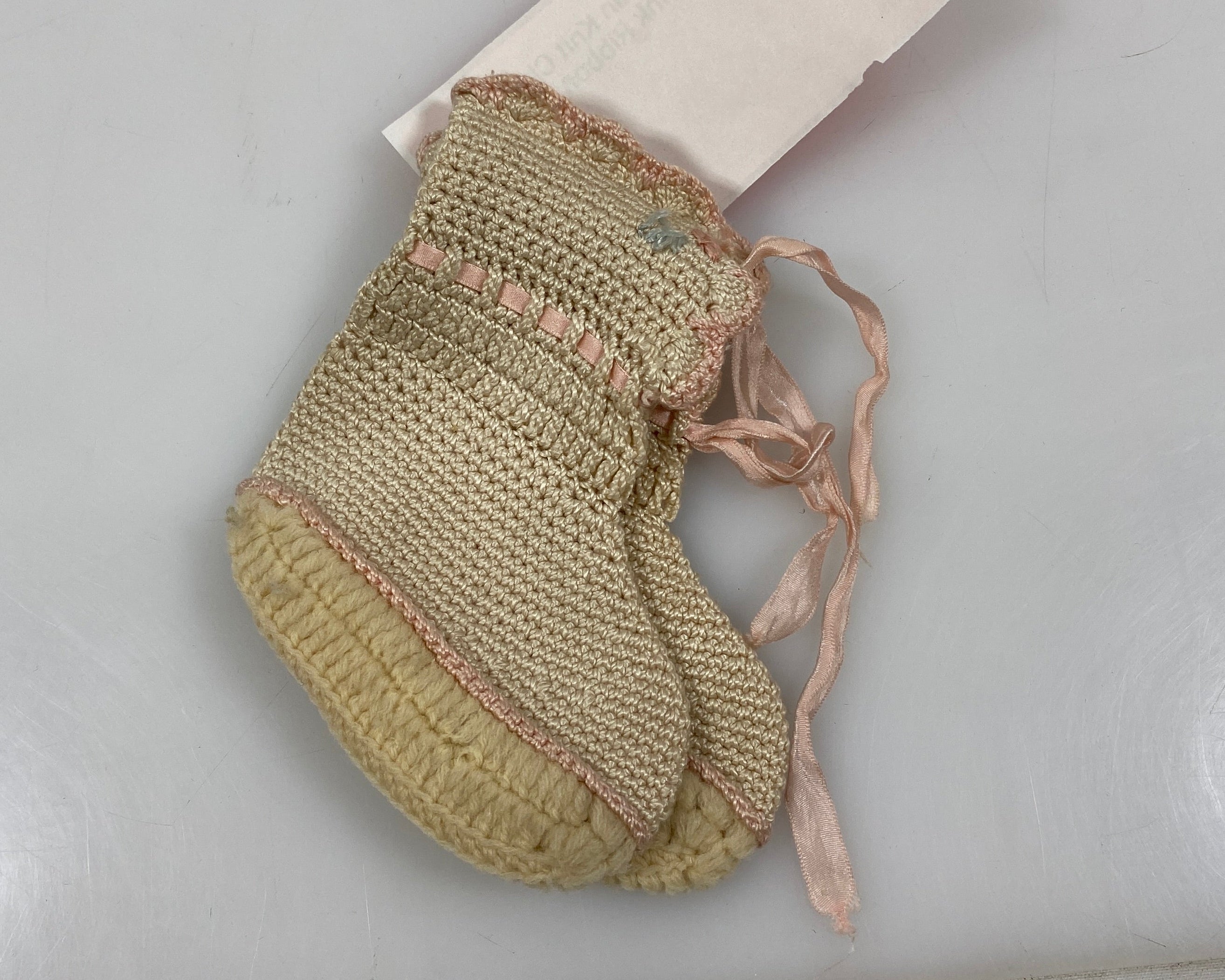 Vintage 1930s Tan Knit Children's Socks with Pink Ribbon Details