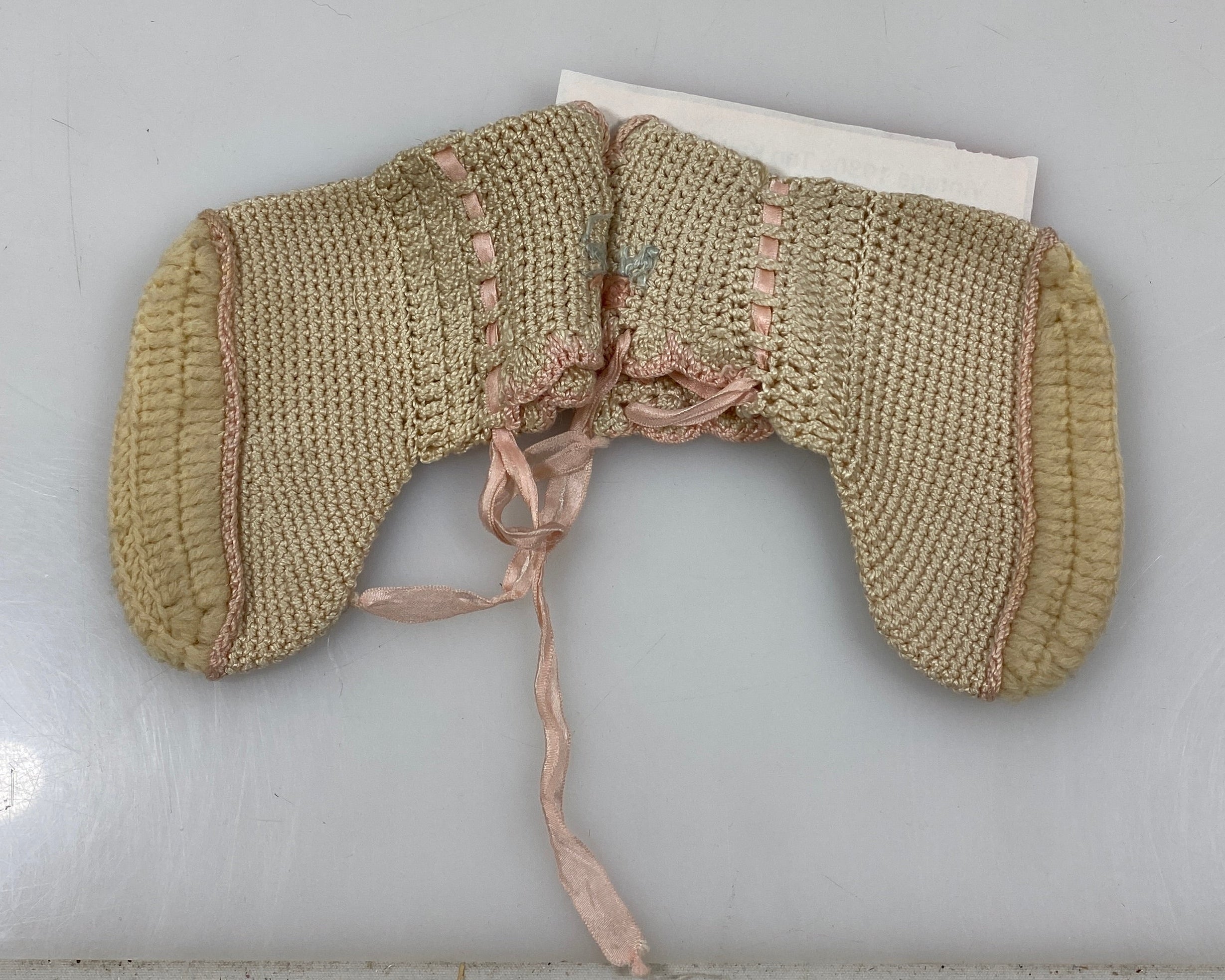 Vintage 1930s Tan Knit Children's Socks with Pink Ribbon Details