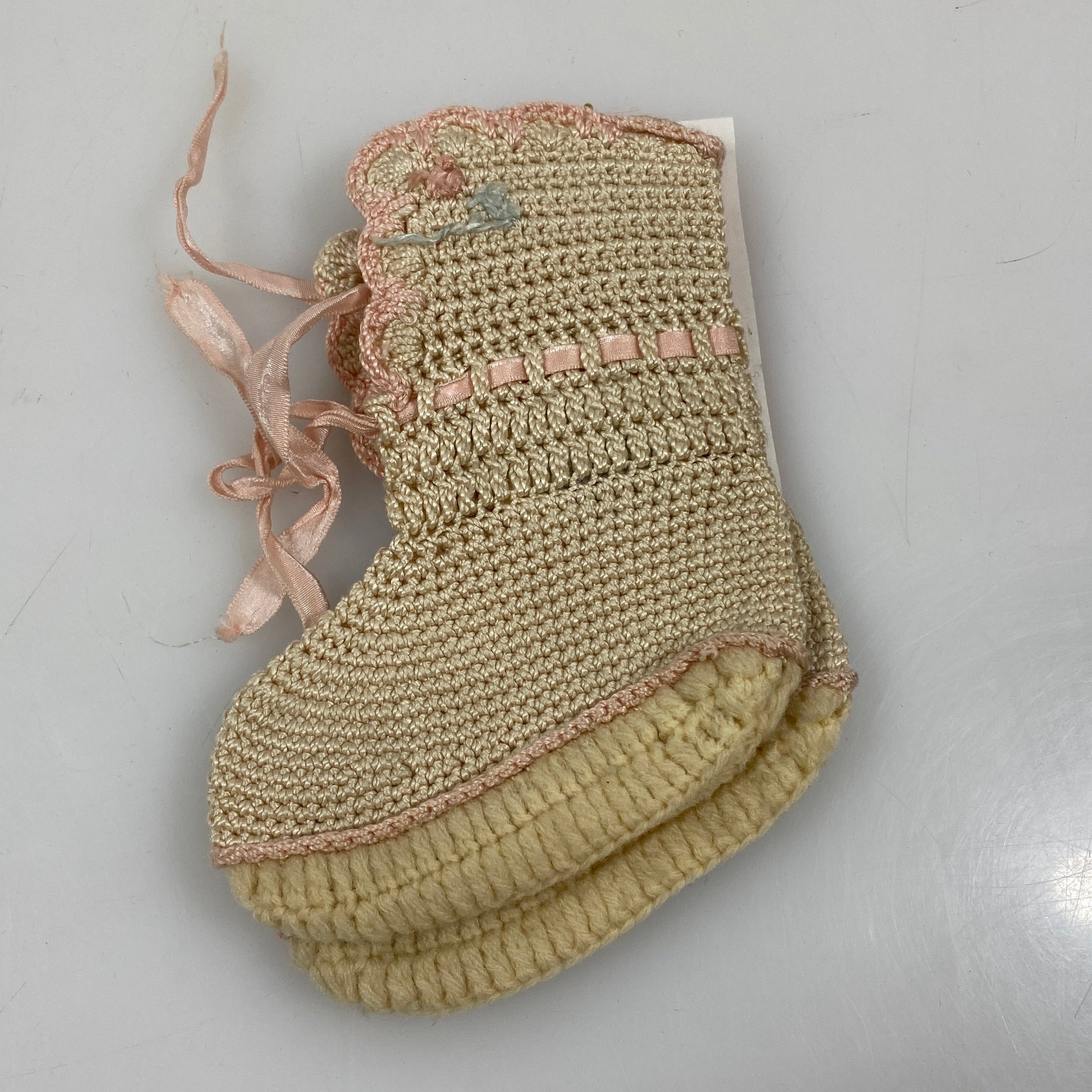 Vintage 1930s Tan Knit Children's Socks with Pink Ribbon Details