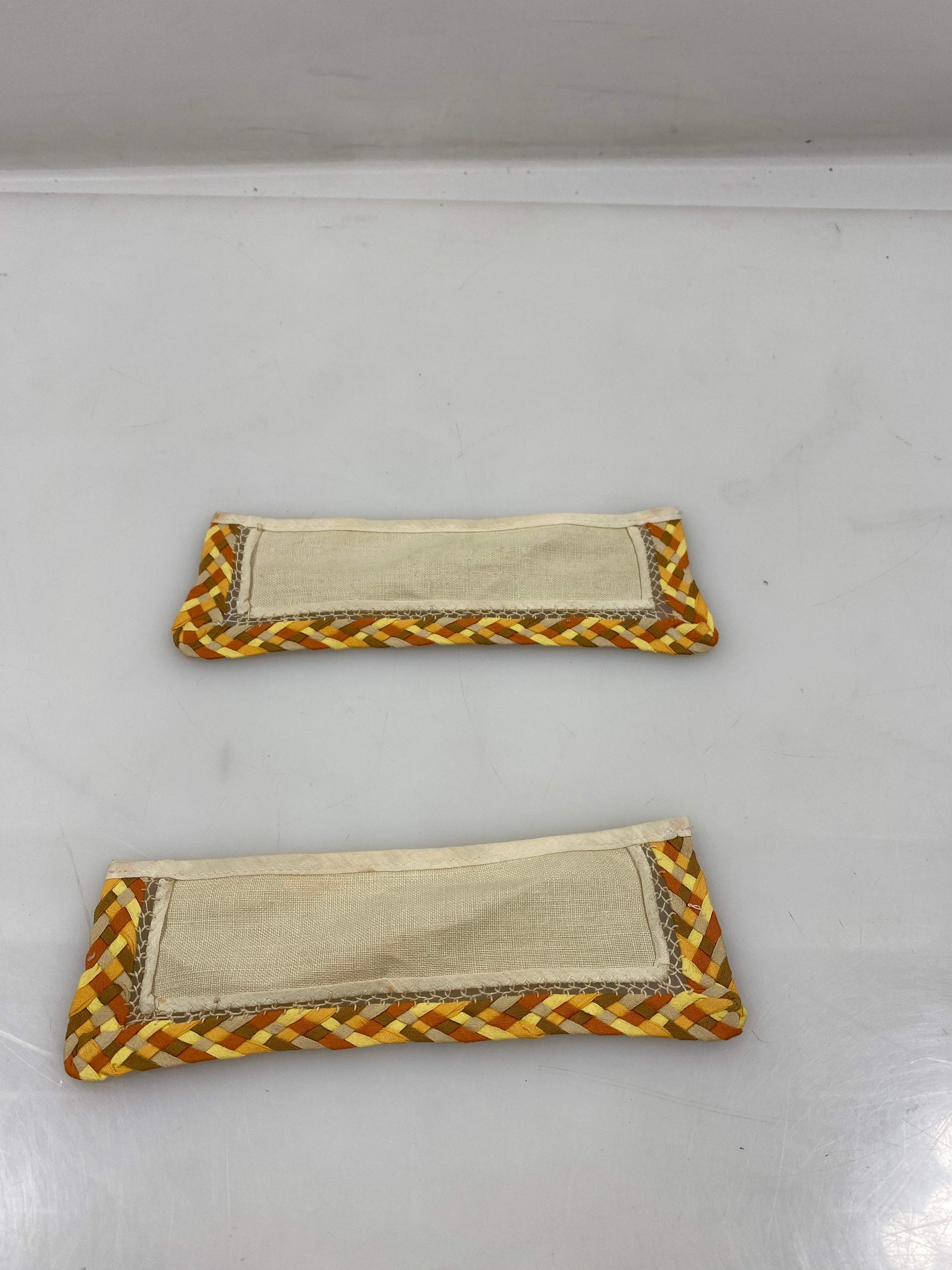 Vintage 1930s Tan Linen Cuff Set with Warm Tone Woven Border (2 Cuffs)