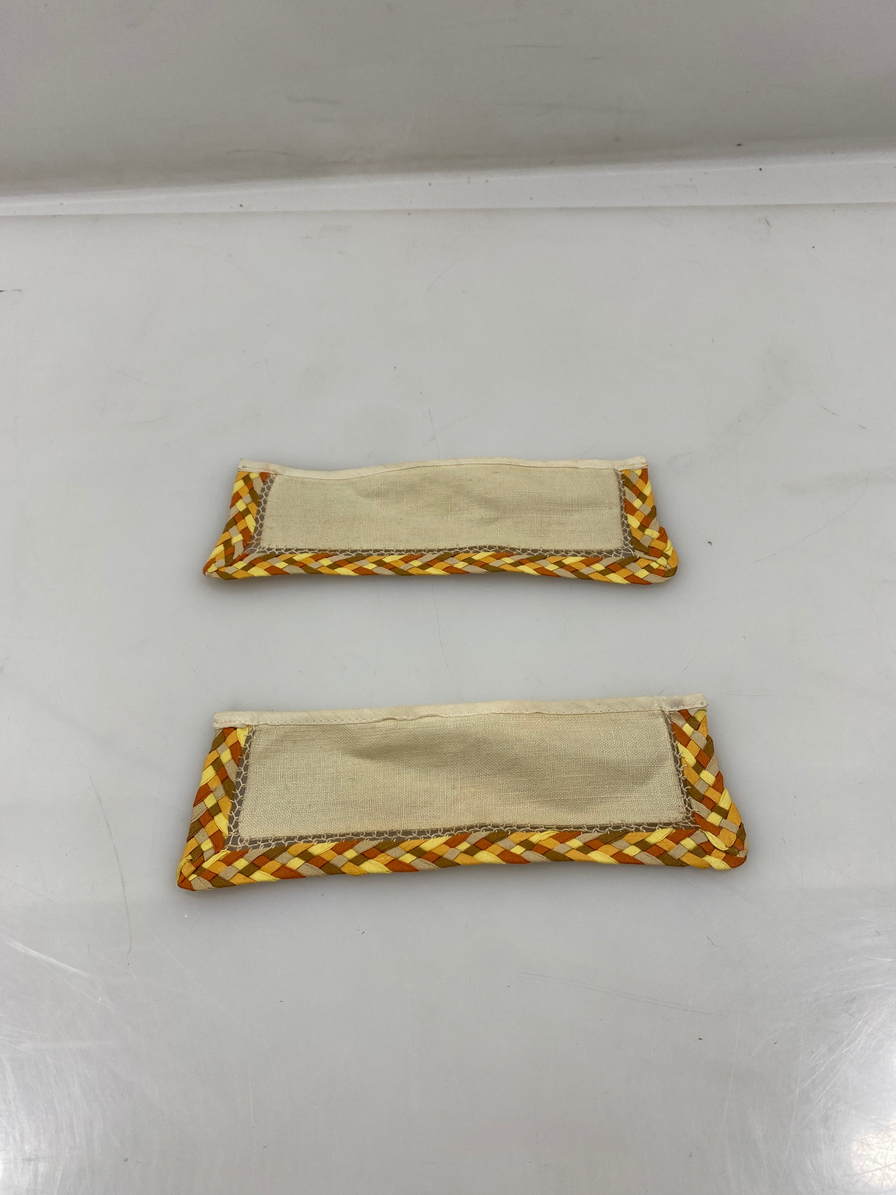 Vintage 1930s Tan Linen Cuff Set with Warm Tone Woven Border (2 Cuffs)