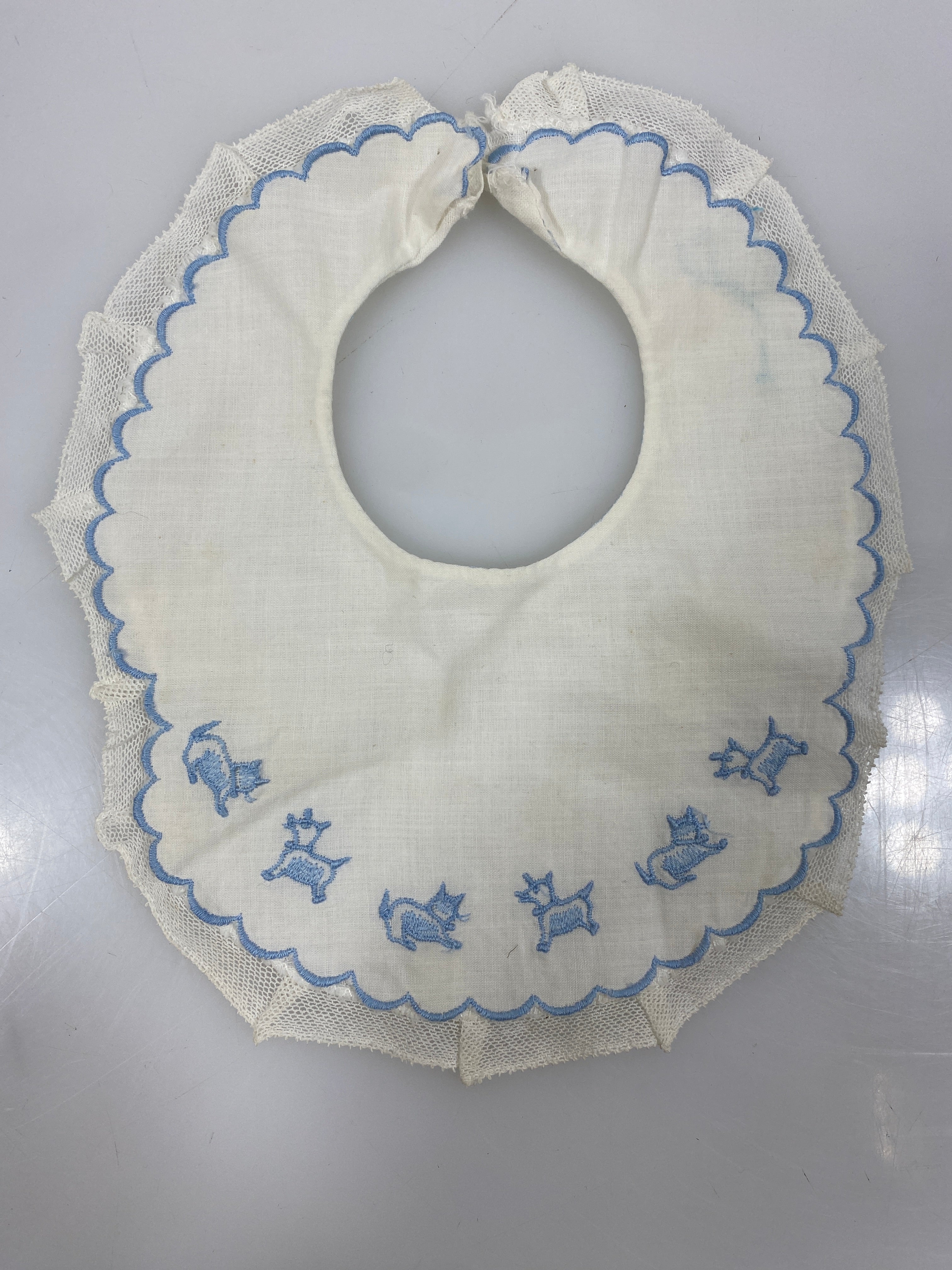 Vintage 1930s White Linen Bib with Embroidered Cats and Dogs