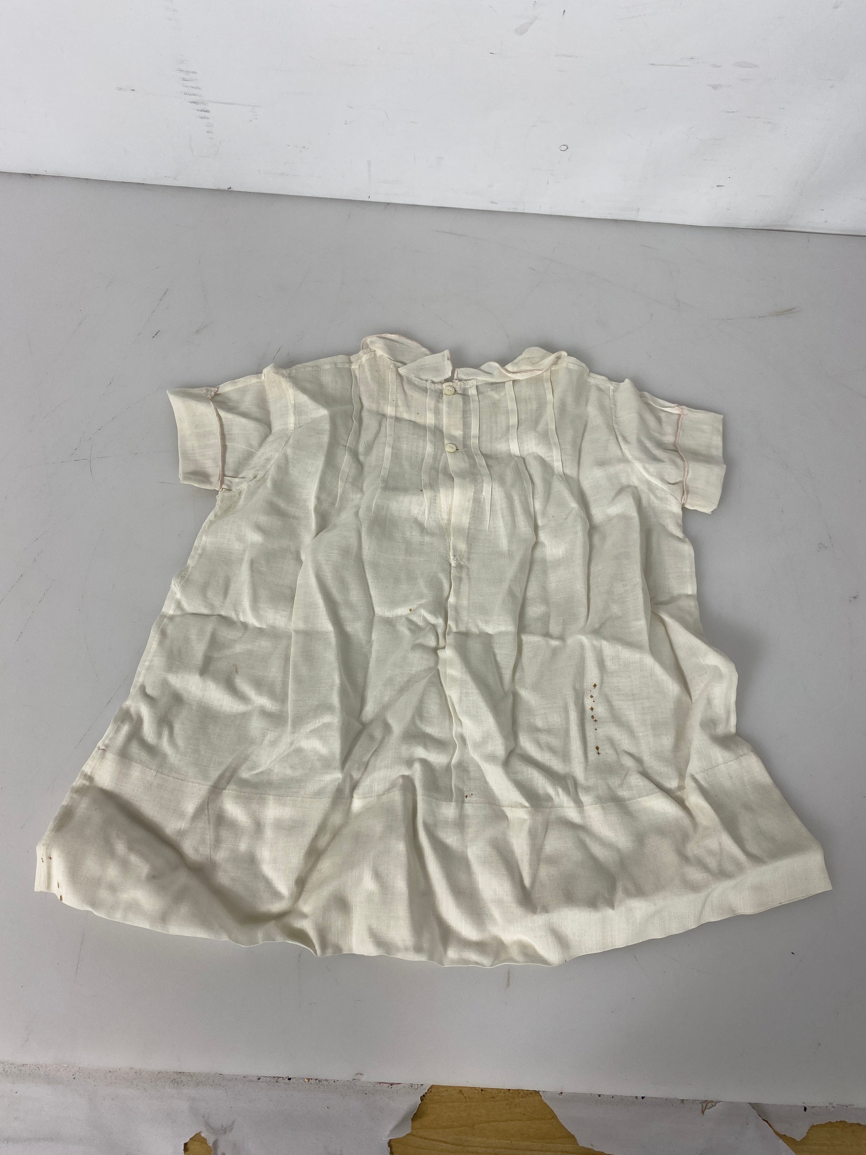 Vintage 1932 White Linen Baby's Collared Dress with Pink Embroidered Details