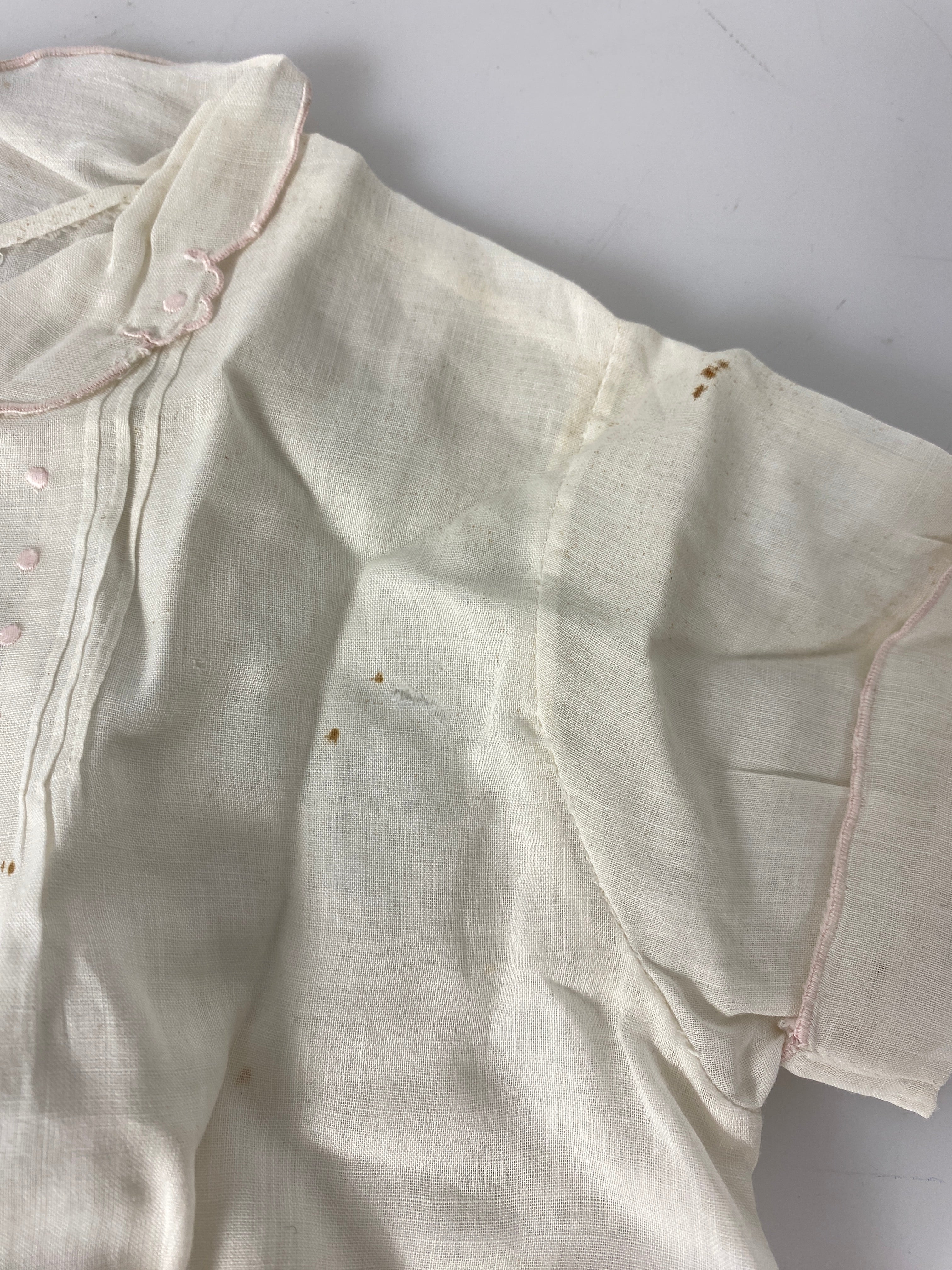 Vintage 1932 White Linen Baby's Collared Dress with Pink Embroidered Details