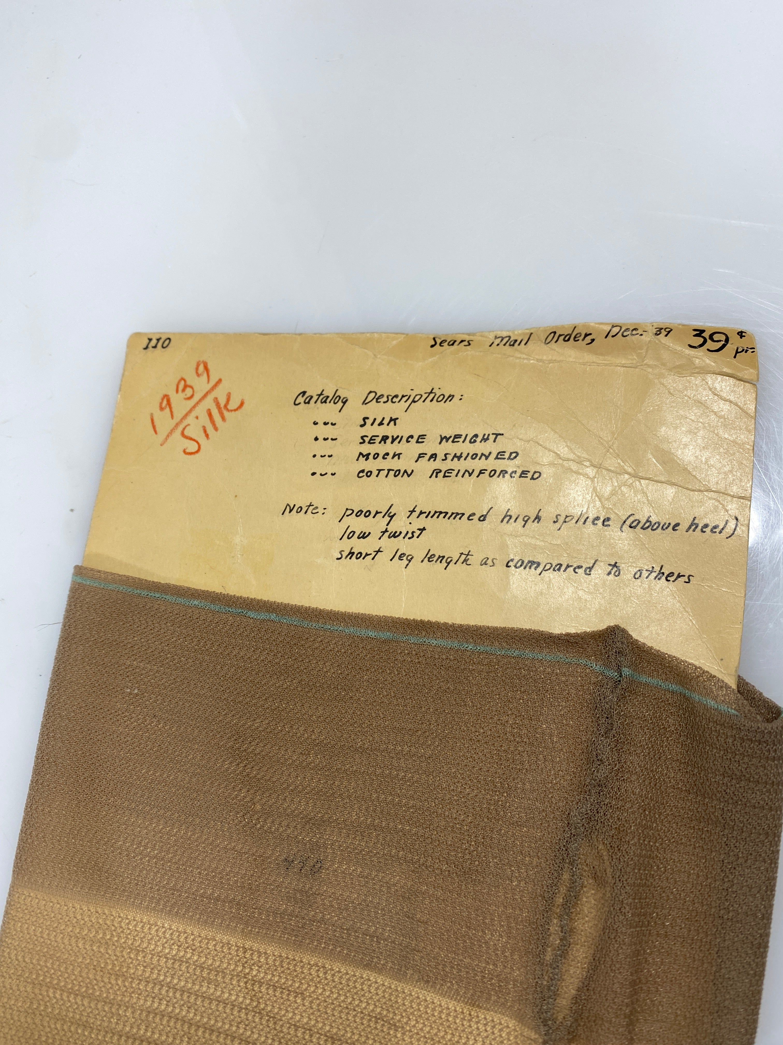 Vintage 1939 Sears Mail Order Silk Stocking Sample #110
