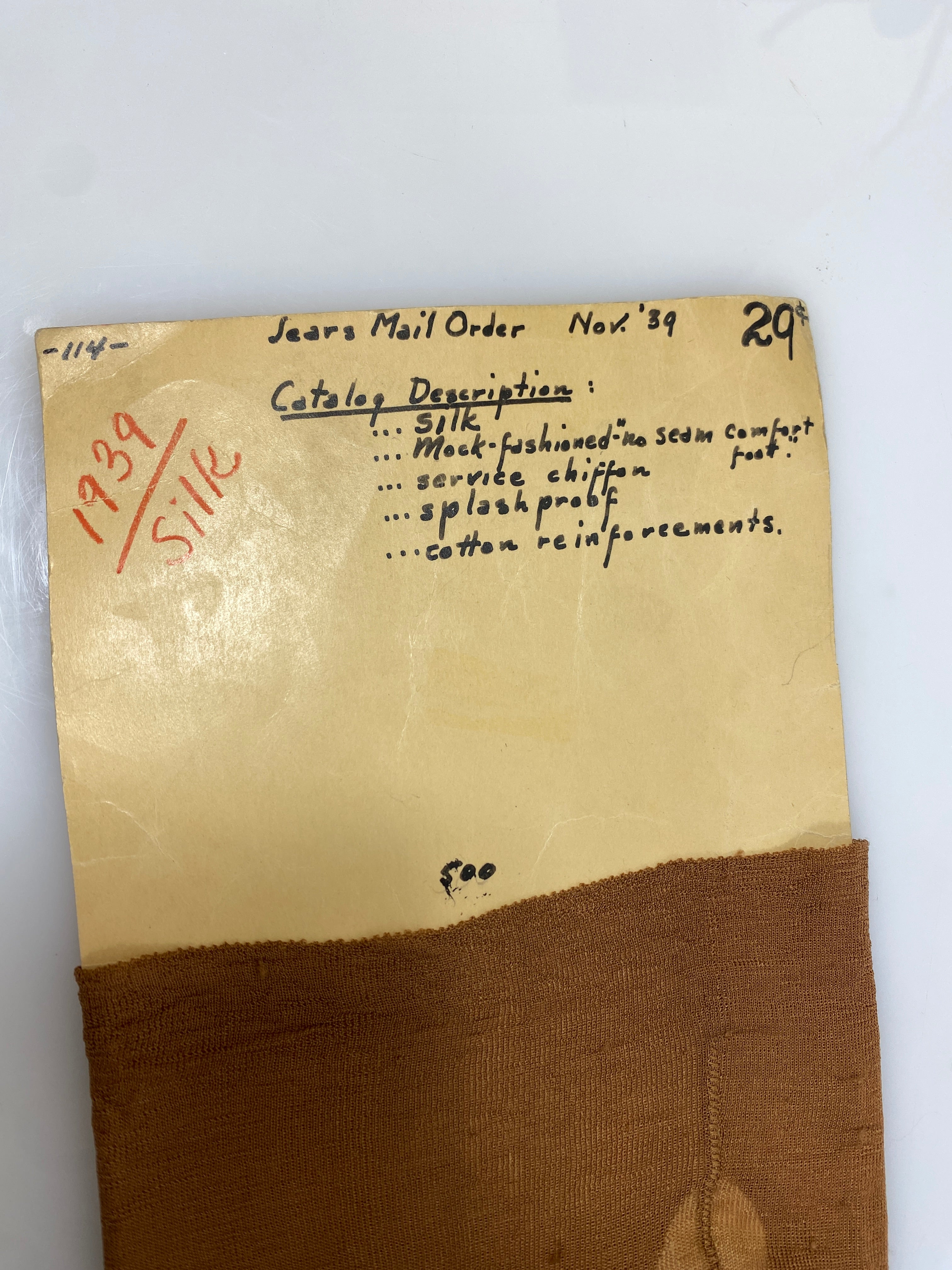 Vintage 1939 Sears Mail Order Silk Stocking Sample #114