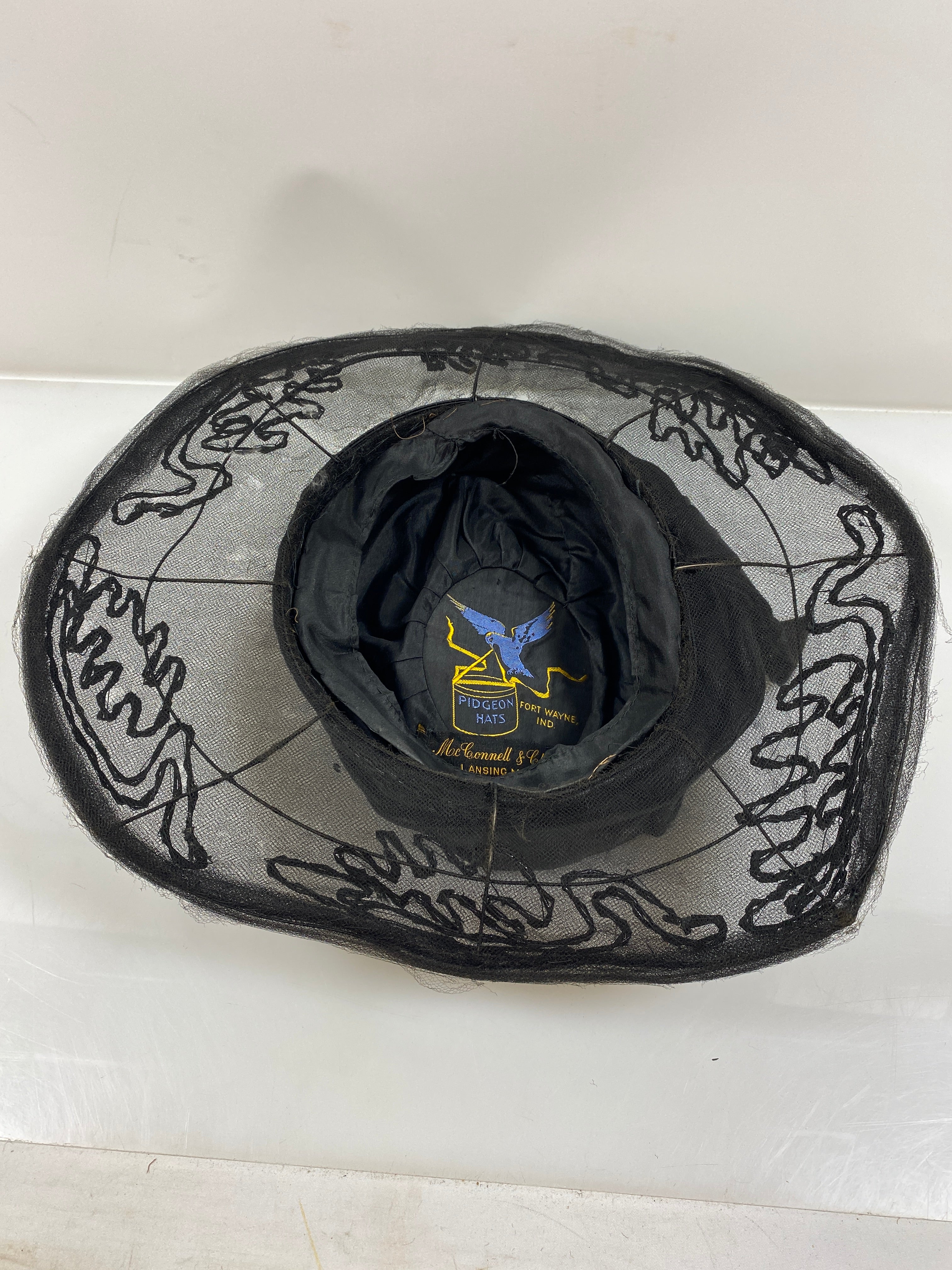 Vintage 1940's Black Wide Brim Women's Hat with Tulle