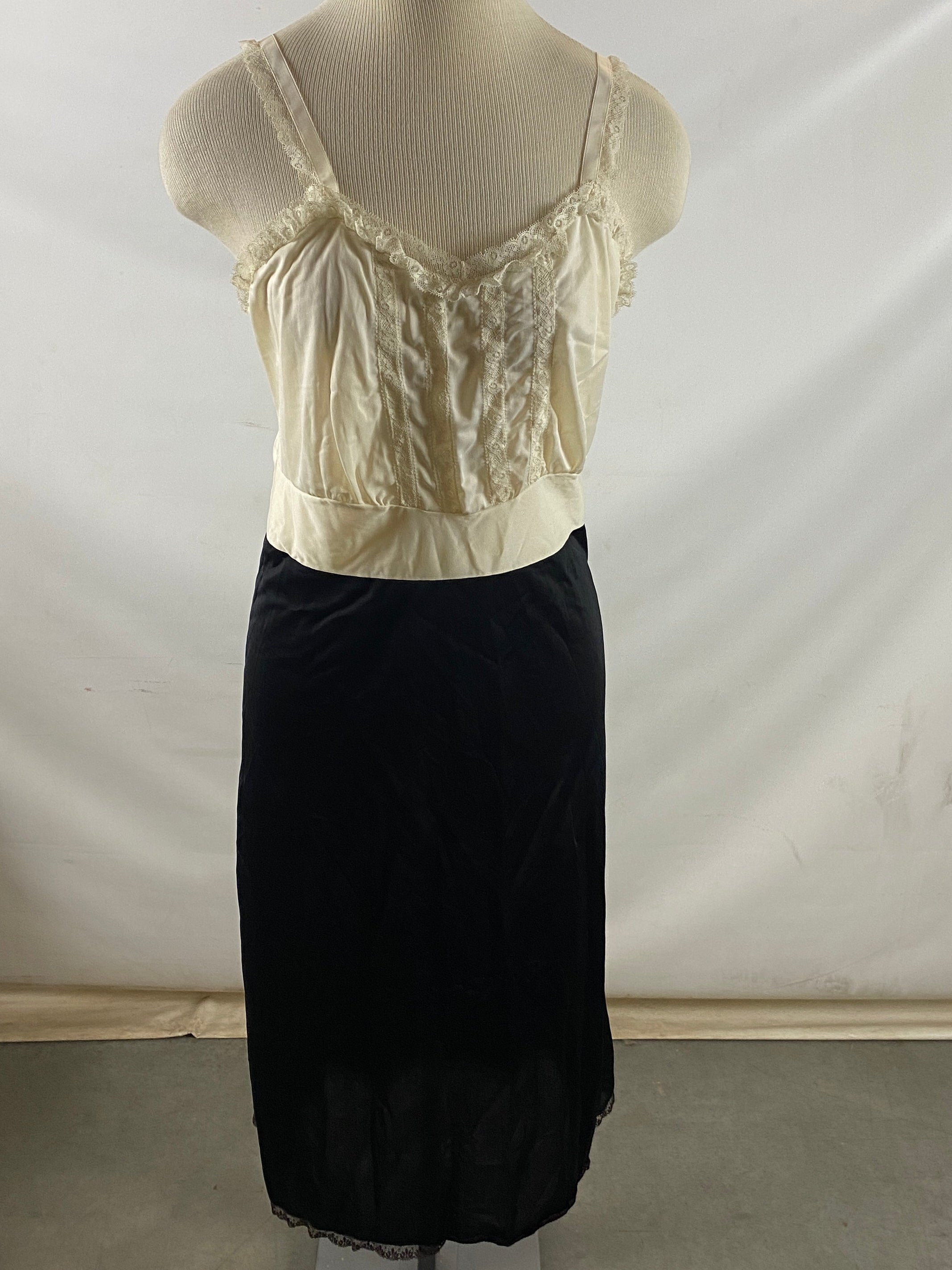 Vintage 1950s Black and White Rayon Silk Slip Size Unknown
