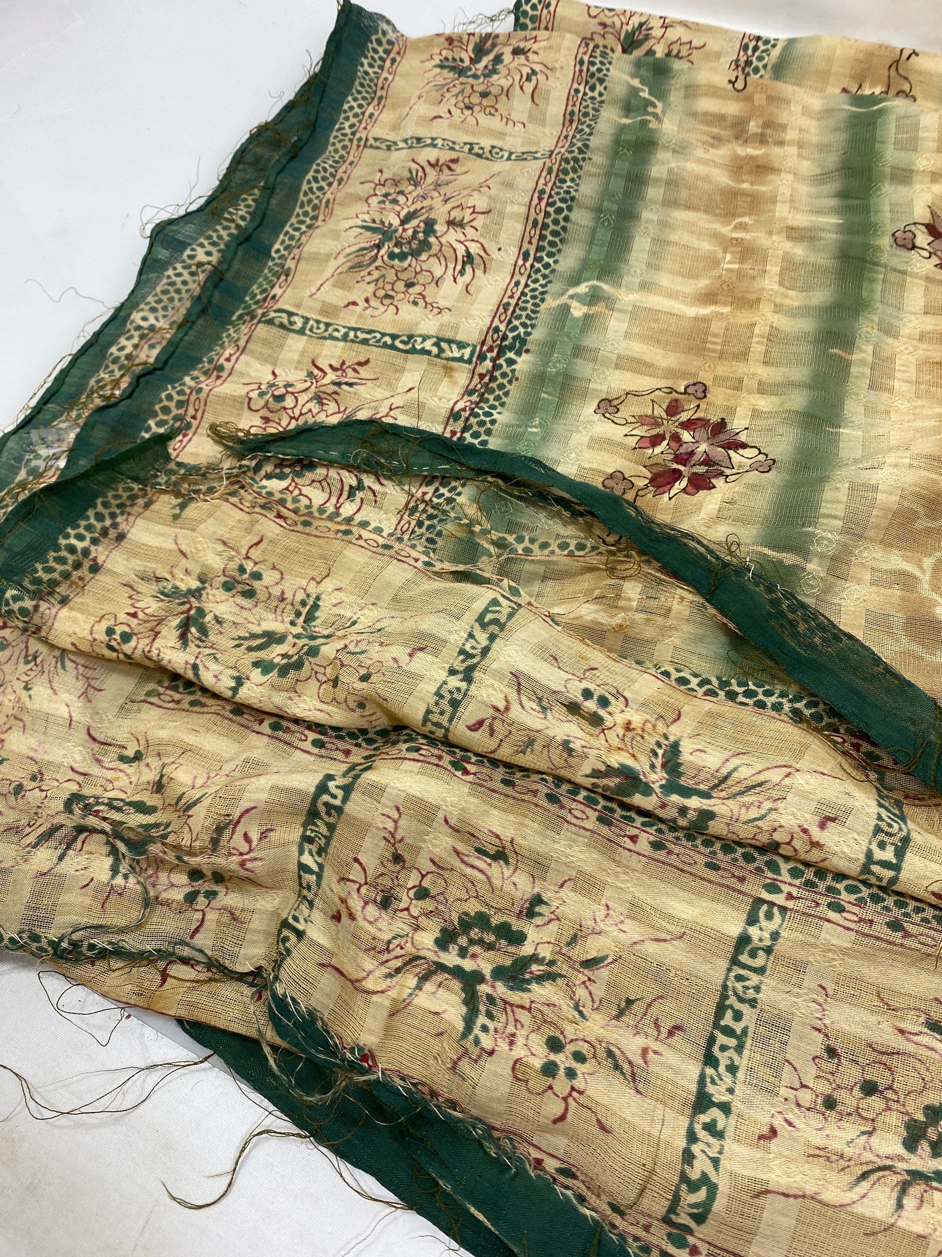 Vintage 1950s Green and Tan Fabric with Floral Pattern