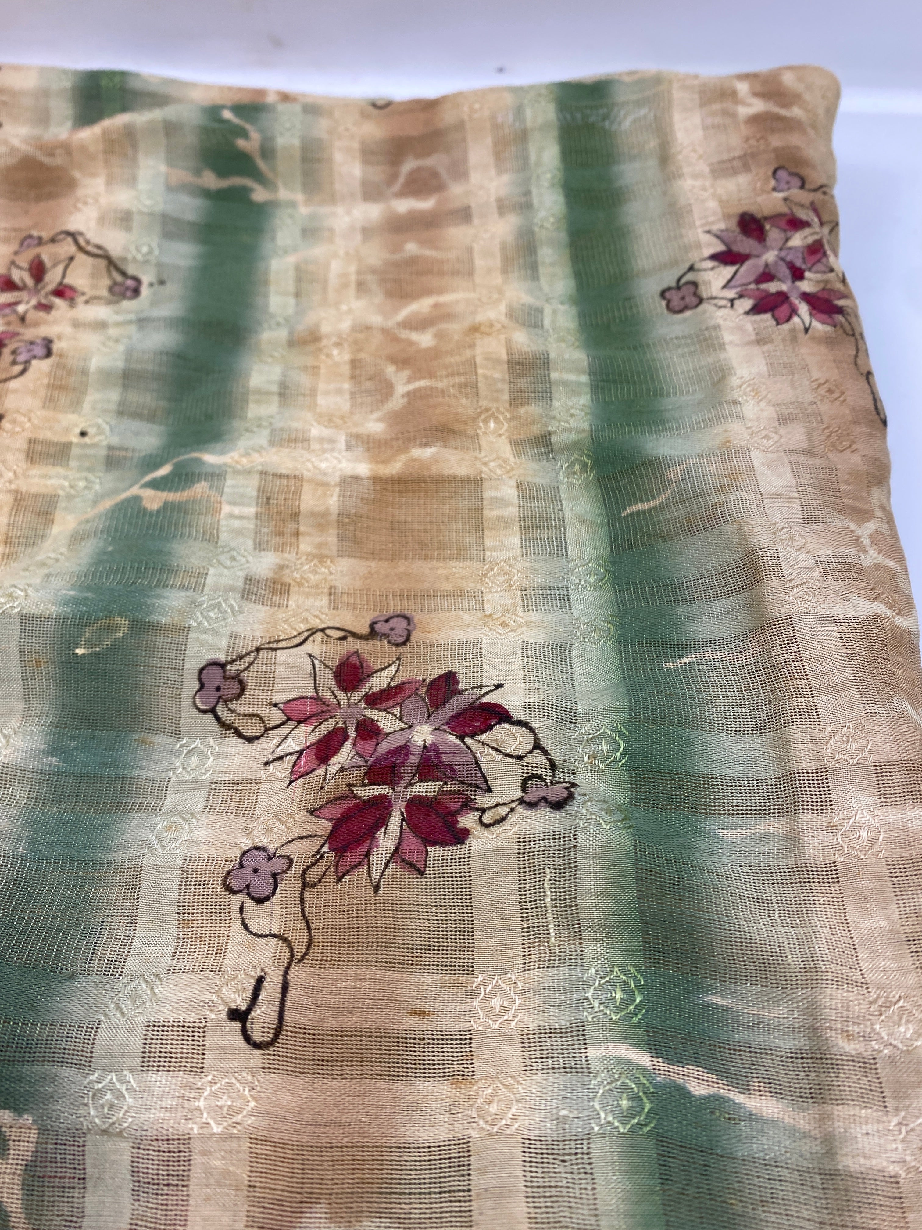 Vintage 1950s Green and Tan Fabric with Floral Pattern
