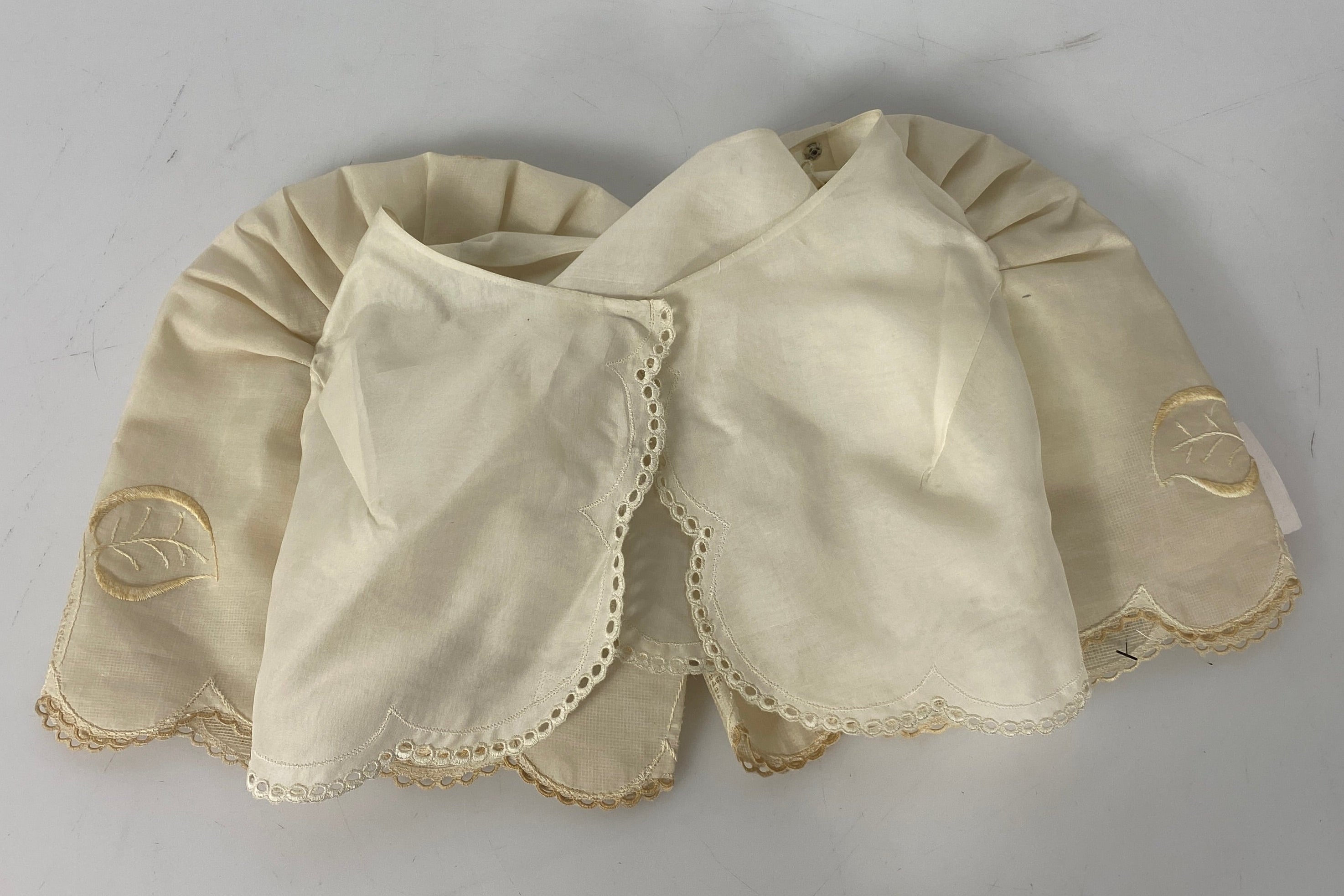 Vintage 1950s Tan Embroidered Butterfly Sleeves with Eyelet Lace Details from the Philippines