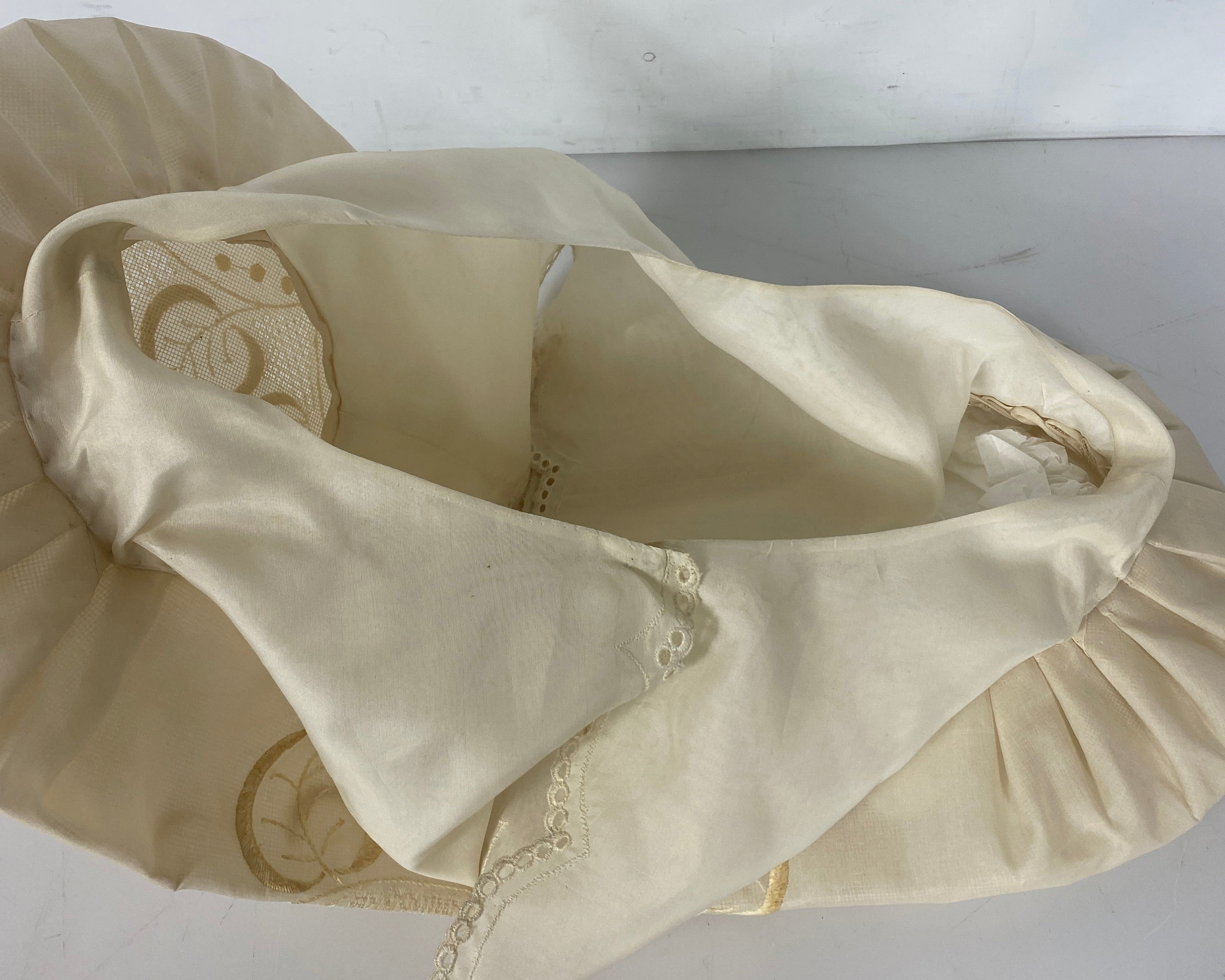 Vintage 1950s Tan Embroidered Butterfly Sleeves with Eyelet Lace Details from the Philippines