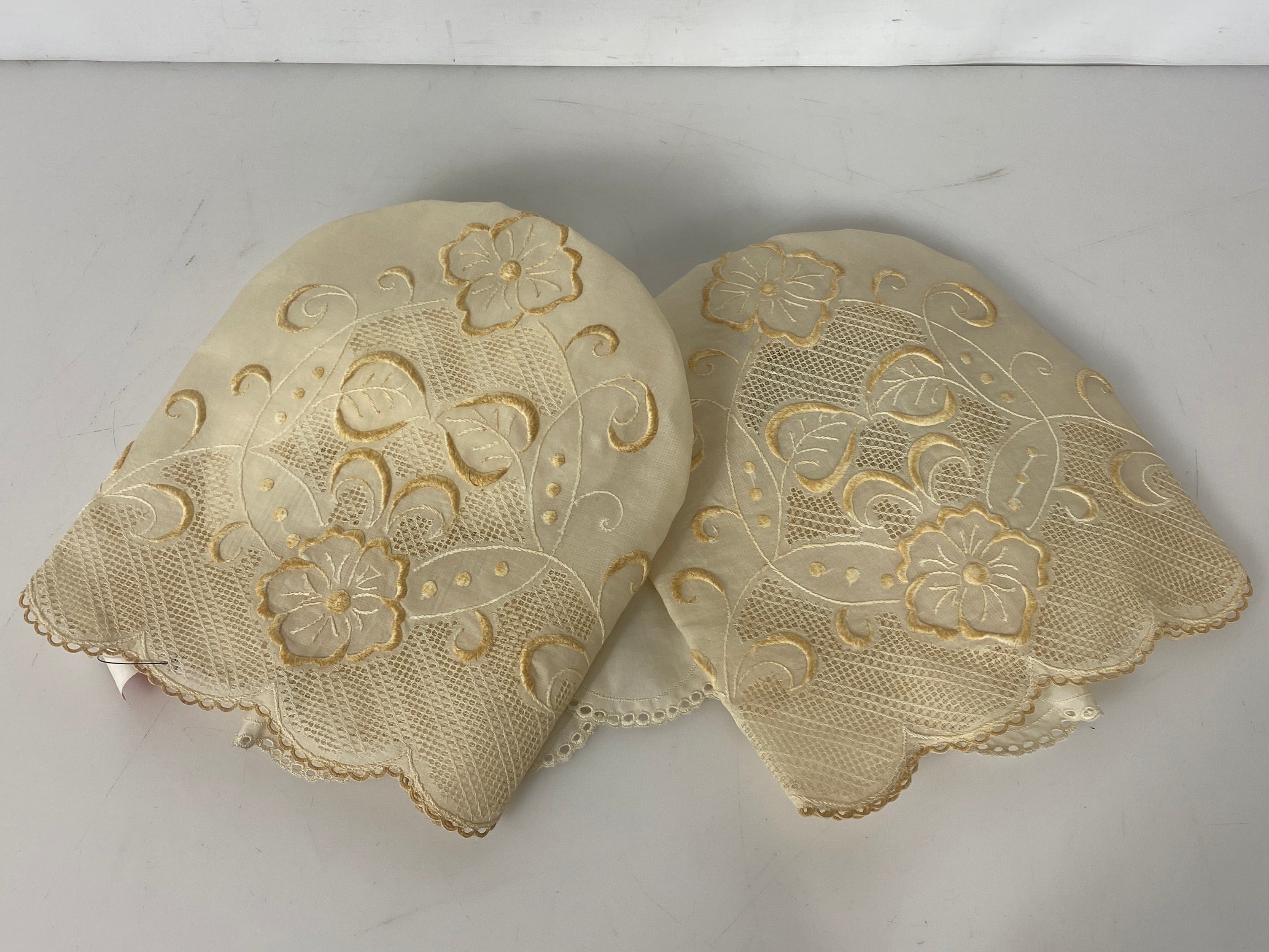 Vintage 1950s Tan Embroidered Butterfly Sleeves with Eyelet Lace Details from the Philippines
