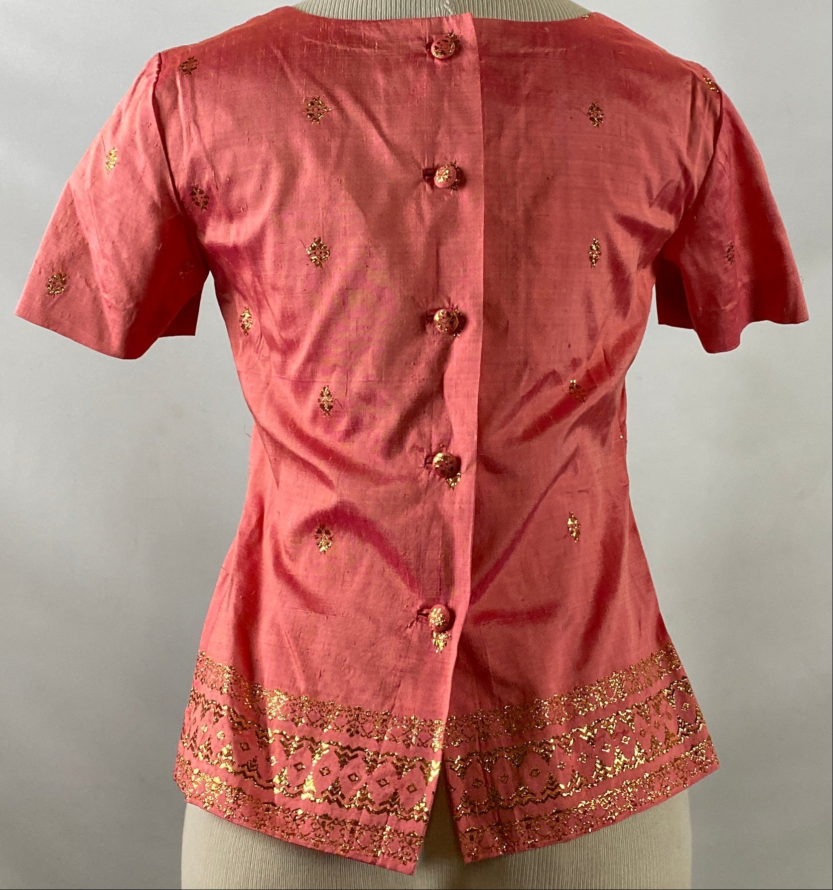 Vintage 1960s-70s "Kim Phuong" Pink Silk Blouse with Gold Embroidery Size Unknown