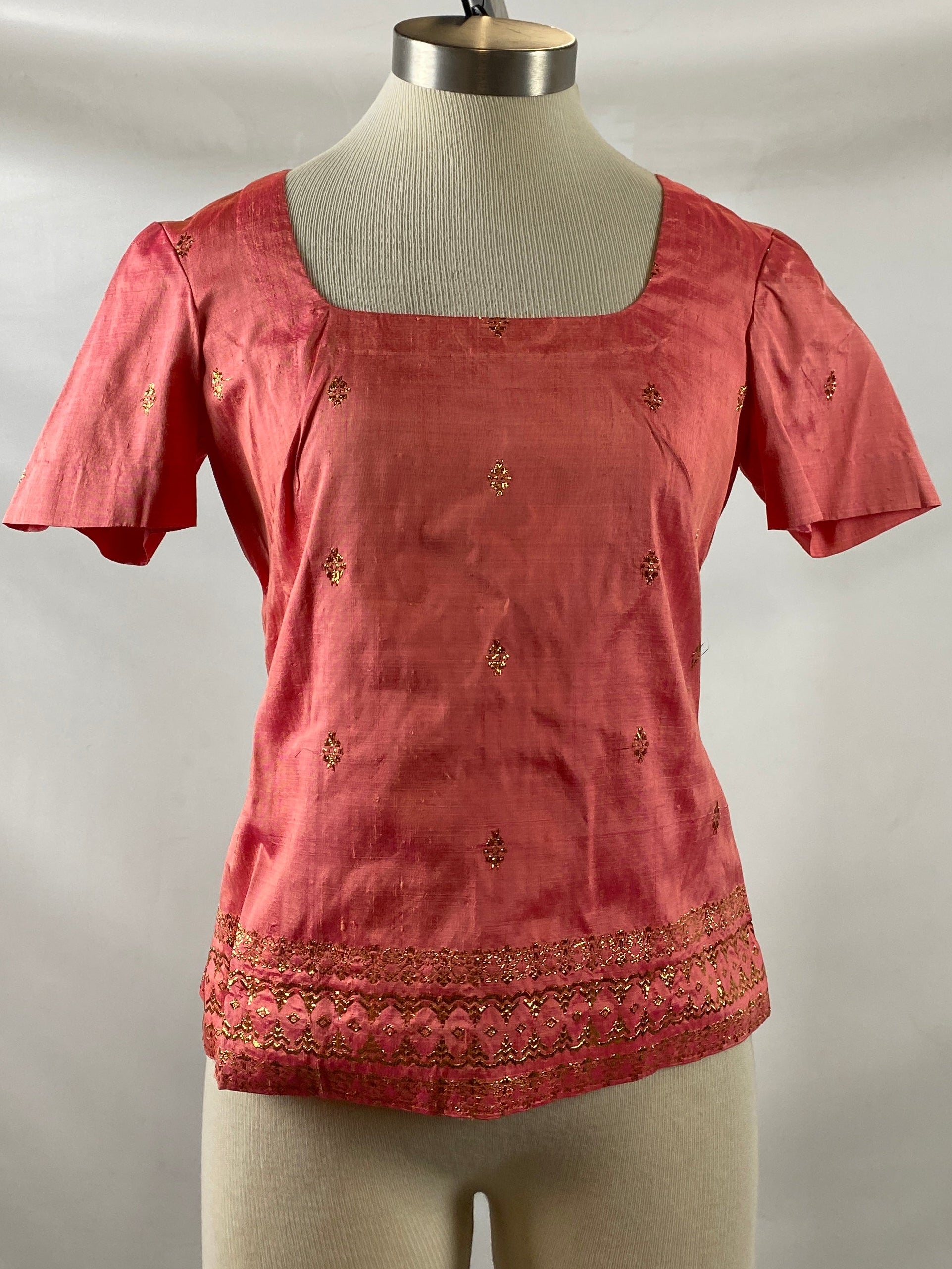 Vintage 1960s-70s "Kim Phuong" Pink Silk Blouse with Gold Embroidery Size Unknown