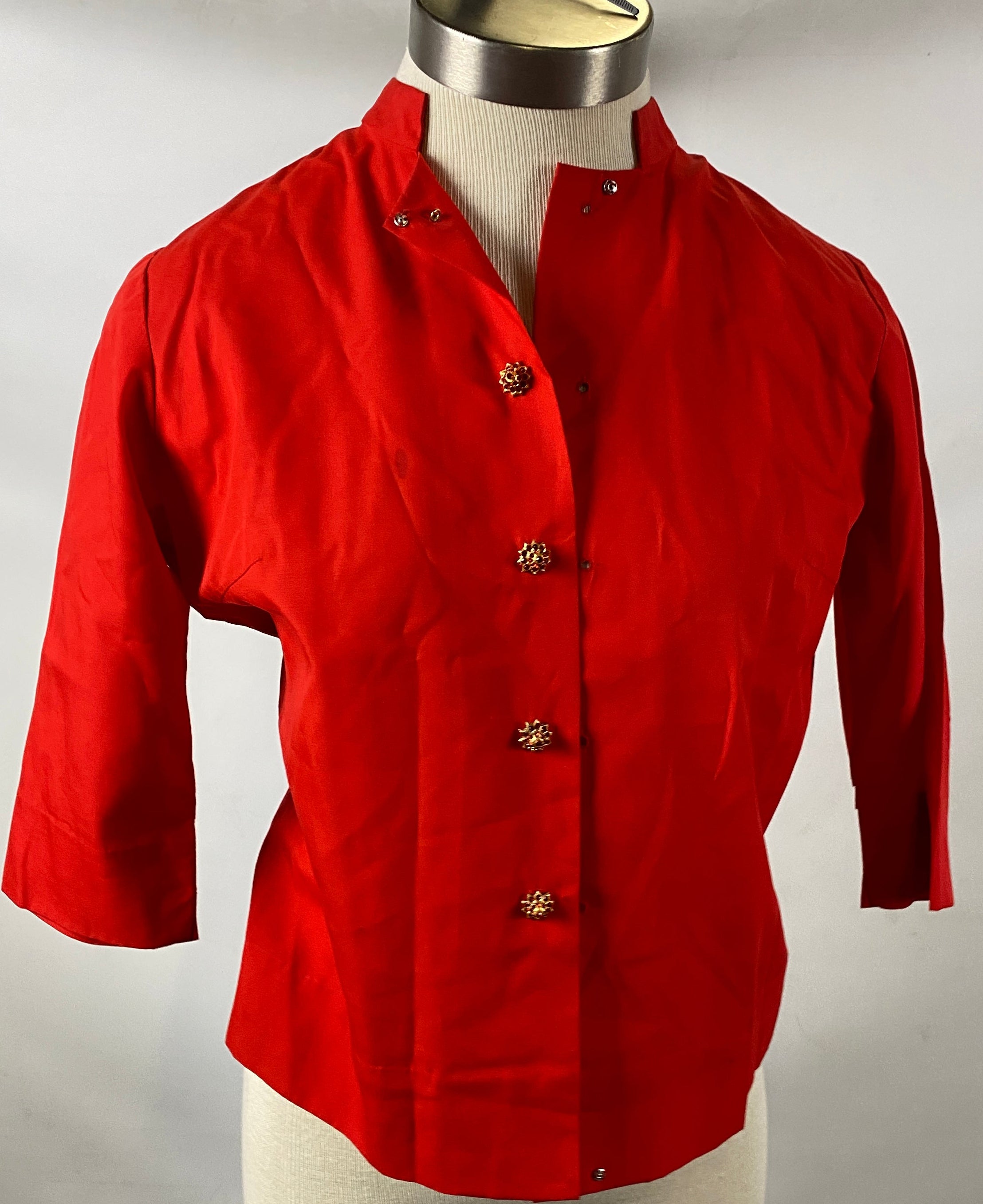 Vintage 1960s Red Silk Thai Blouse with Ornamental Buttons Size Unknown