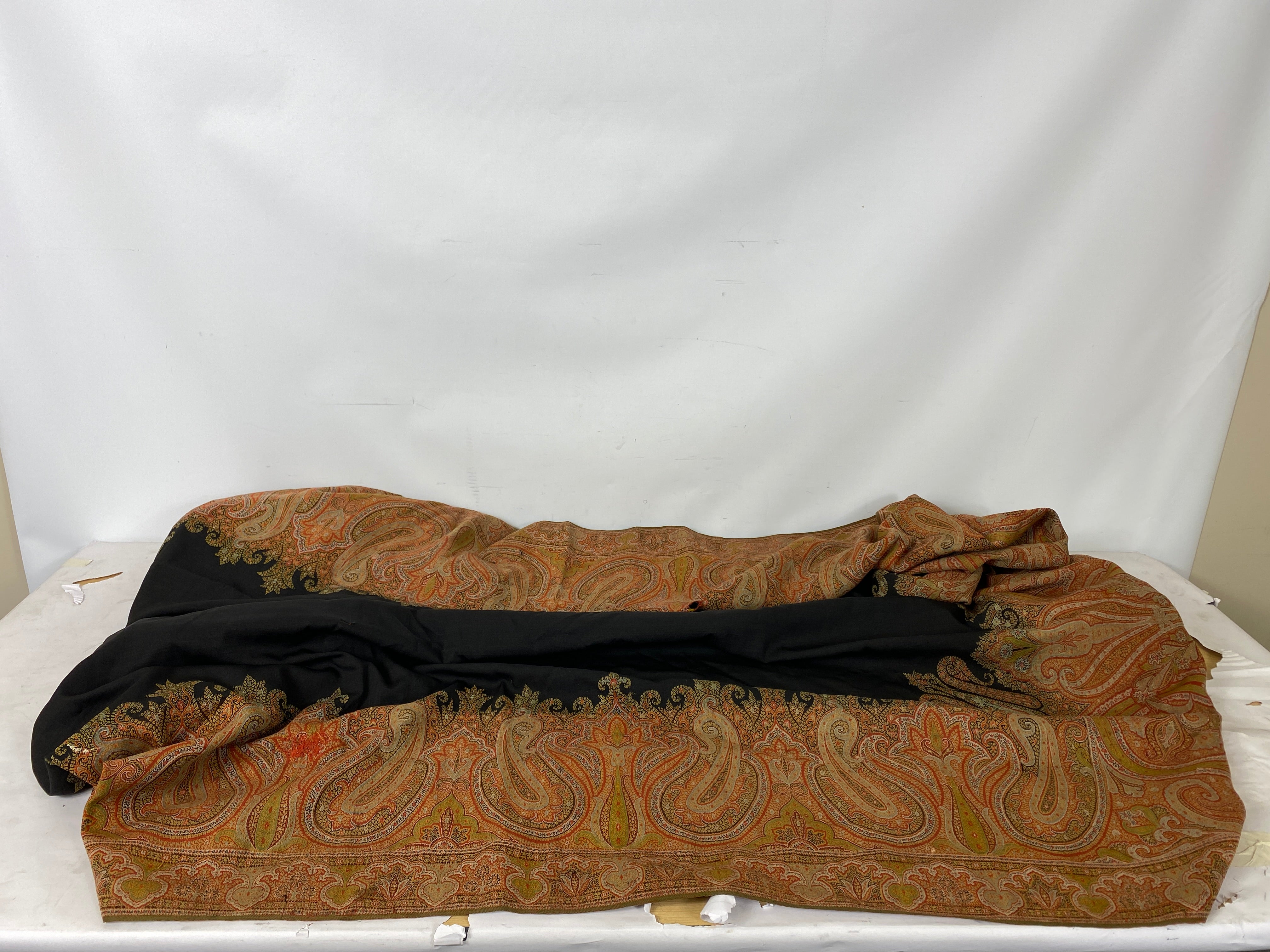 Vintage 1970s Red Paisley Patterned Fabric with Black Color Block Design